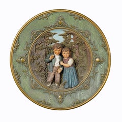 Terracotta Wall Plate with Whimsy Children in Farmer Costumes by Johann Maresch