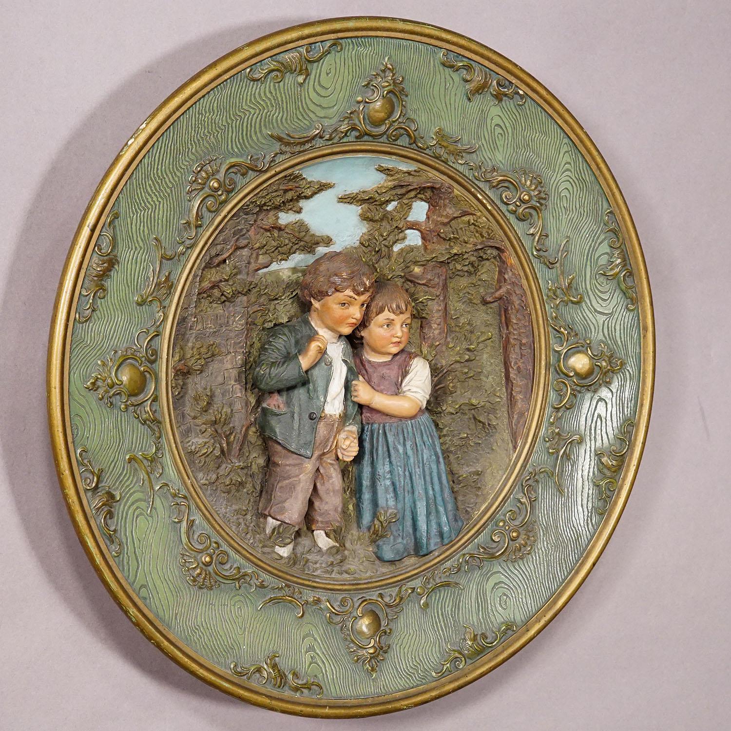 German Terracotta Wall Plate with Whimsy Children in Farmer Costumes by Johann Maresch For Sale