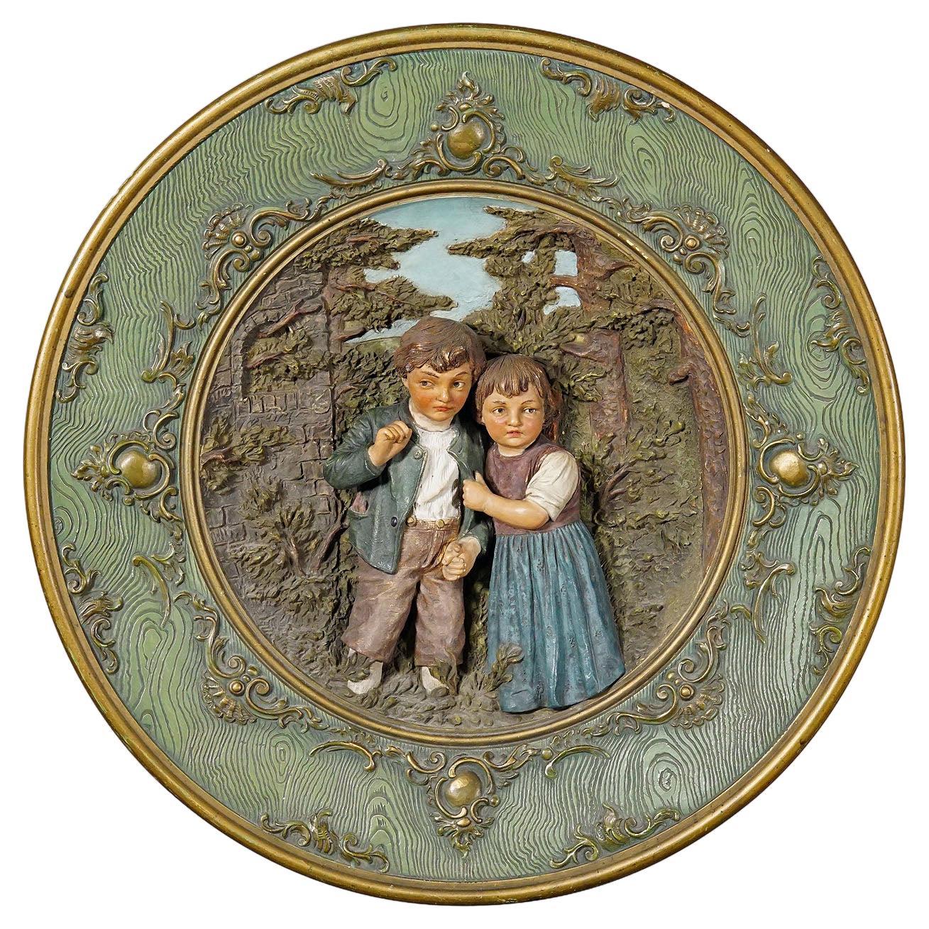 Terracotta Wall Plate with Whimsy Children in Farmer Costumes by Johann Maresch For Sale