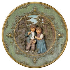 Antique Terracotta Wall Plate with Whimsy Children in Farmer Costumes by Johann Maresch