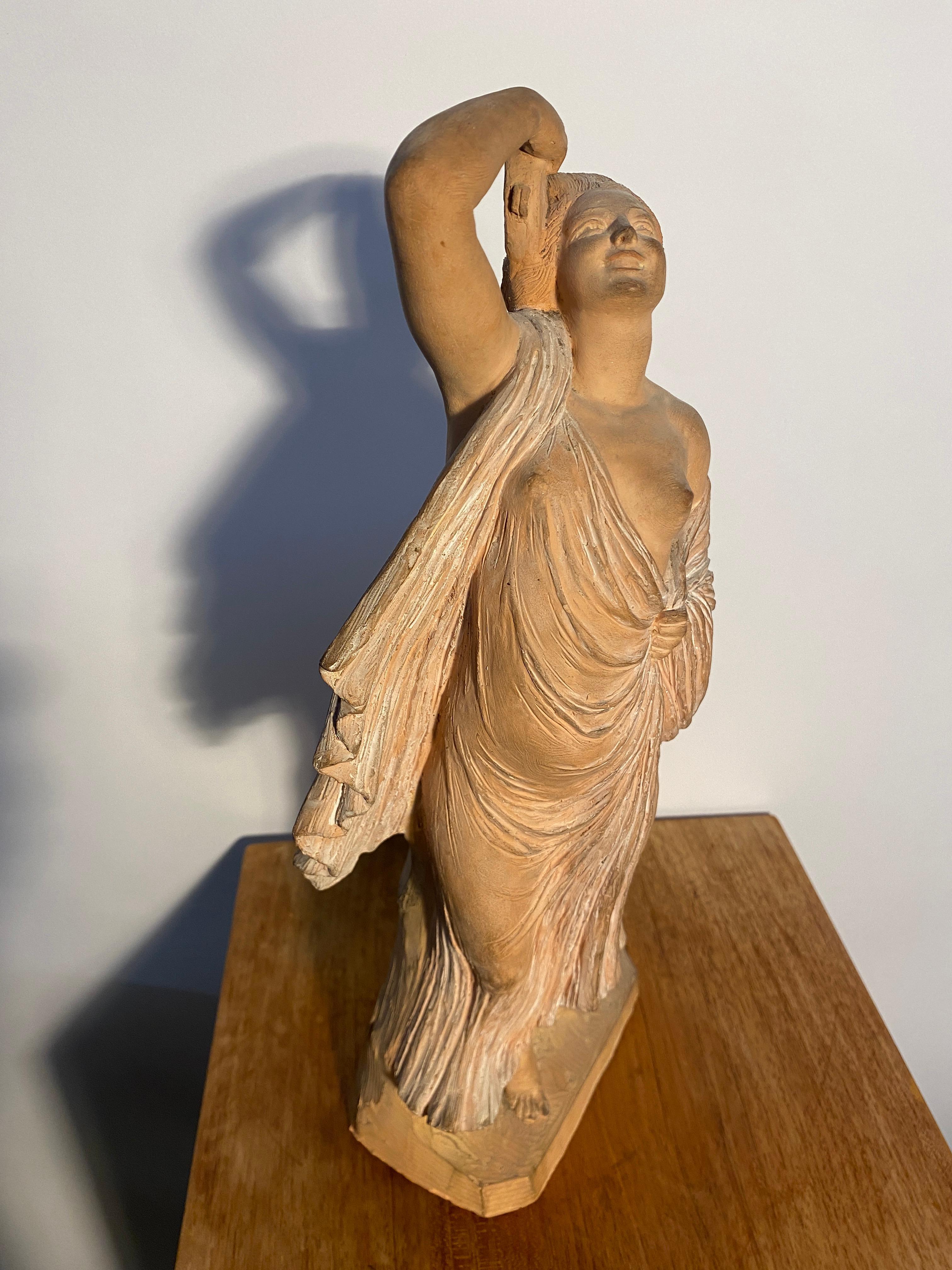 Art Deco Terracotta Young Woman with Tambourine by Joseph Emmanuel Cormier Dit For Sale