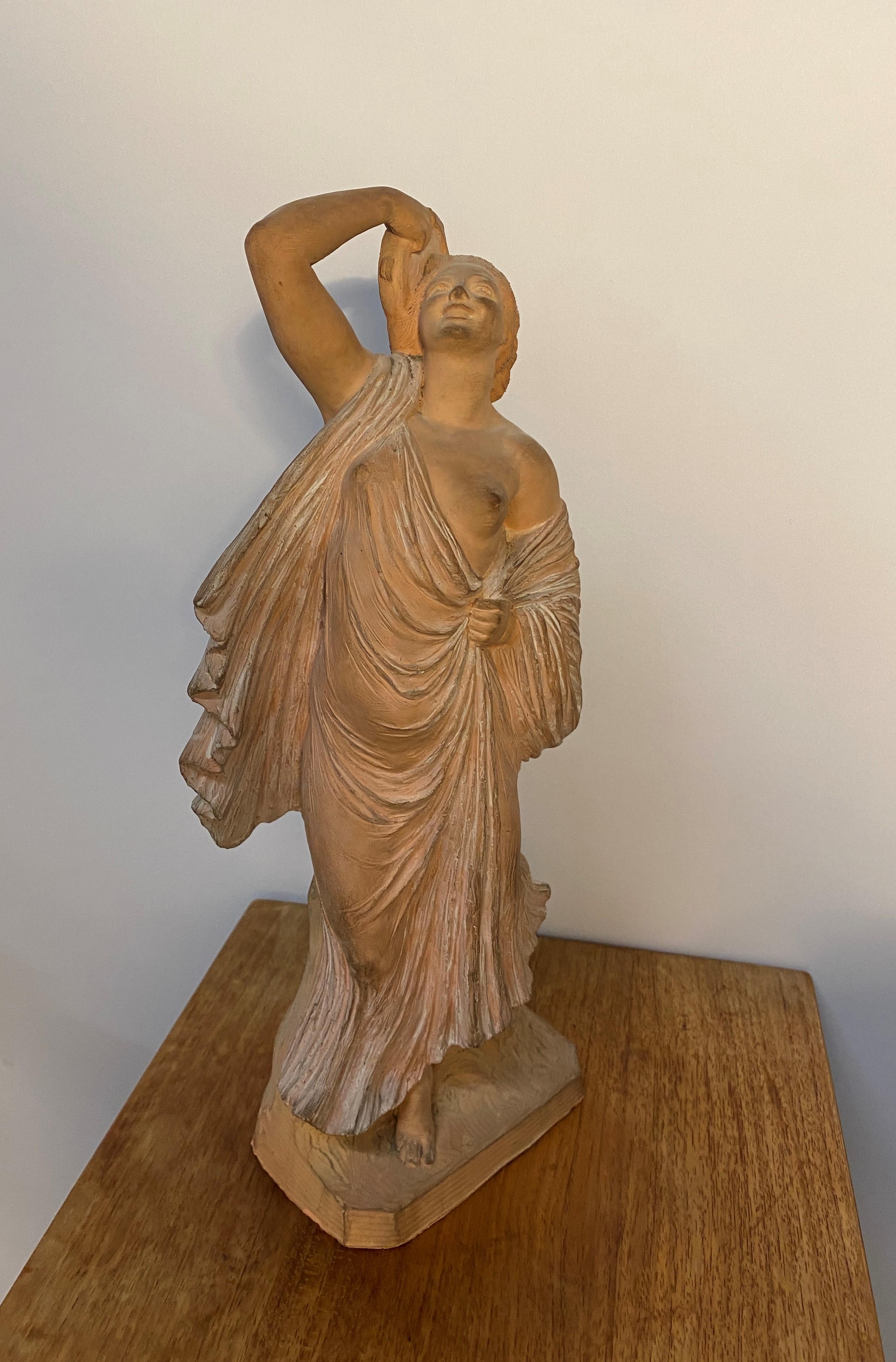 Carved Terracotta Young Woman with Tambourine by Joseph Emmanuel Cormier Dit For Sale