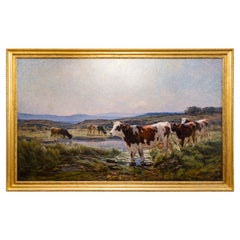 Terraire, Oil Painting, Cows, River and Water lilies, Barbizon Naturalism, 1907