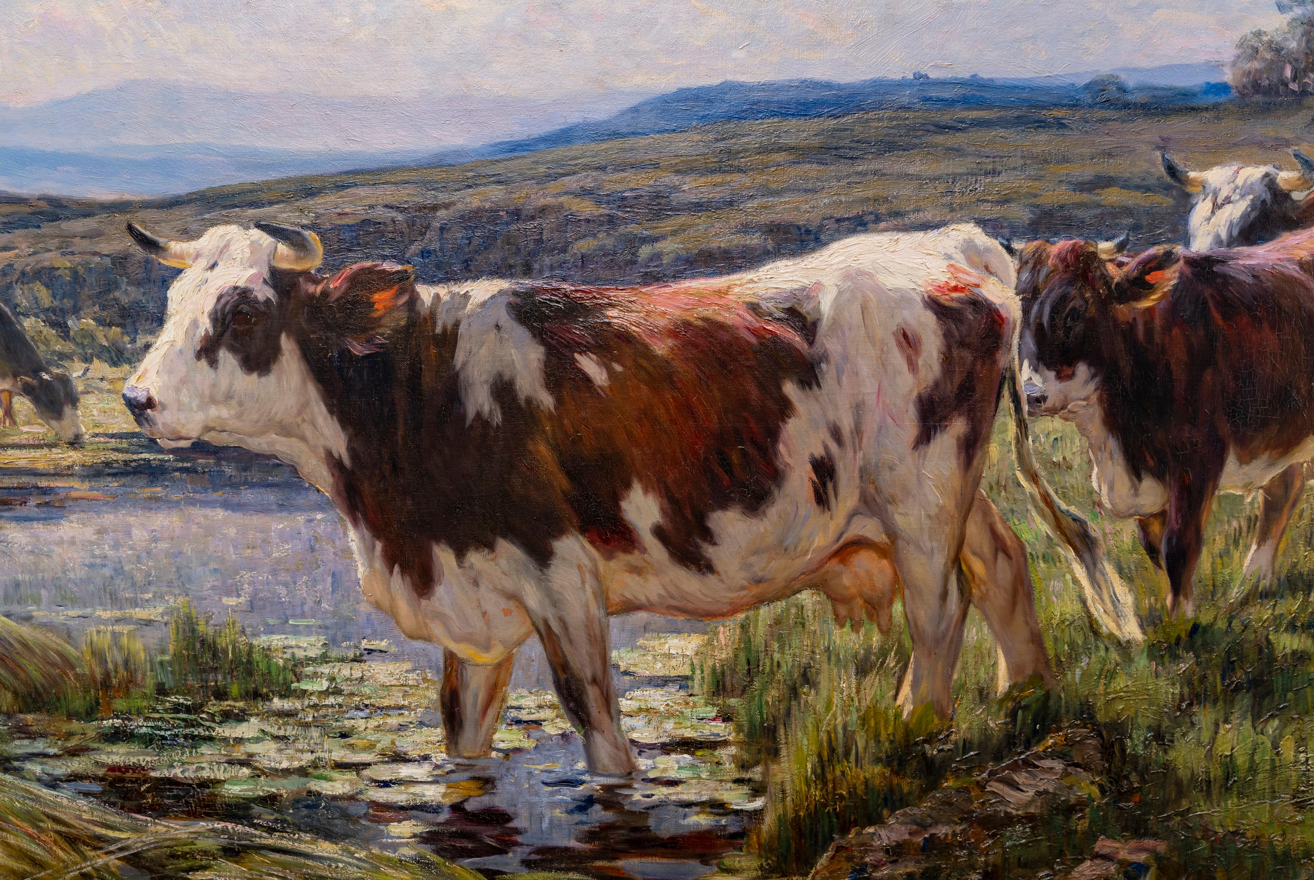 Barbizon School Terraire, Oil Painting, Cows, River and Water lilies, Barbizon Naturalism, 1907