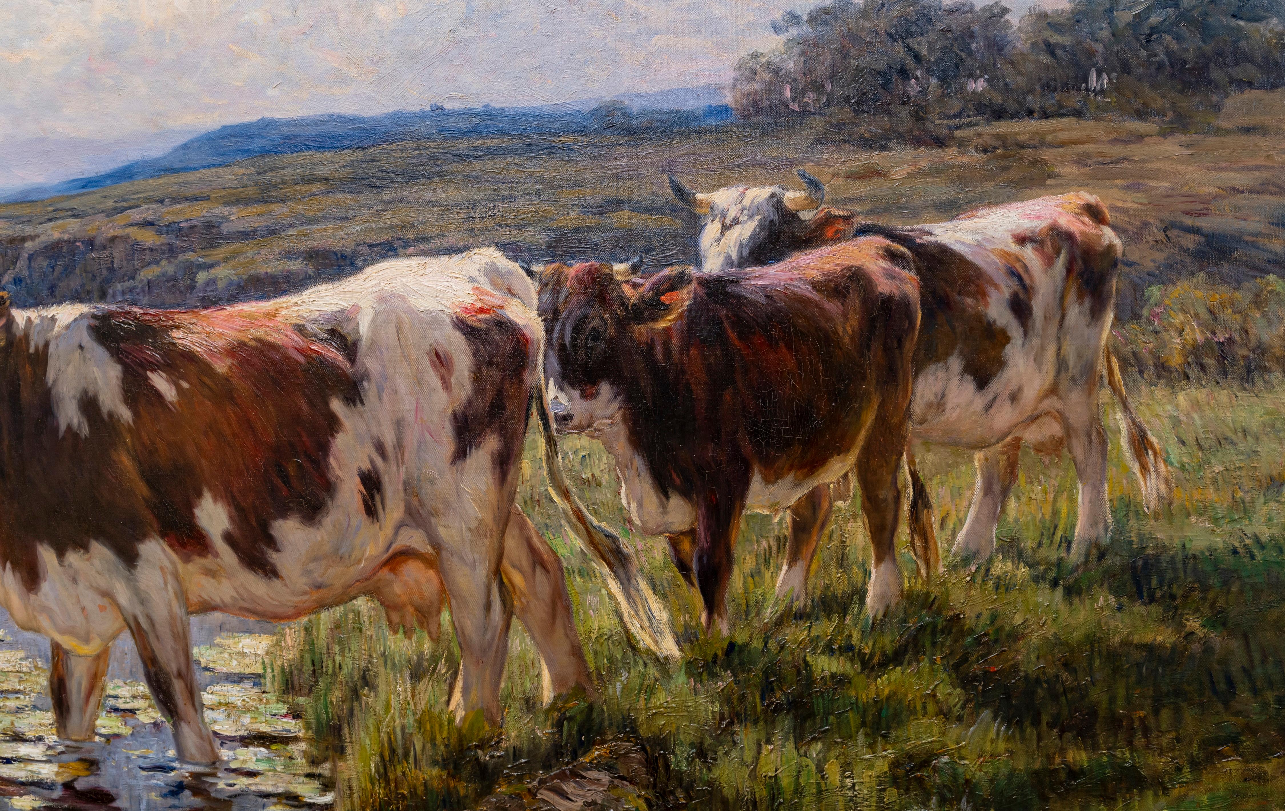 French Terraire, Oil Painting, Cows, River and Water lilies, Barbizon Naturalism, 1907