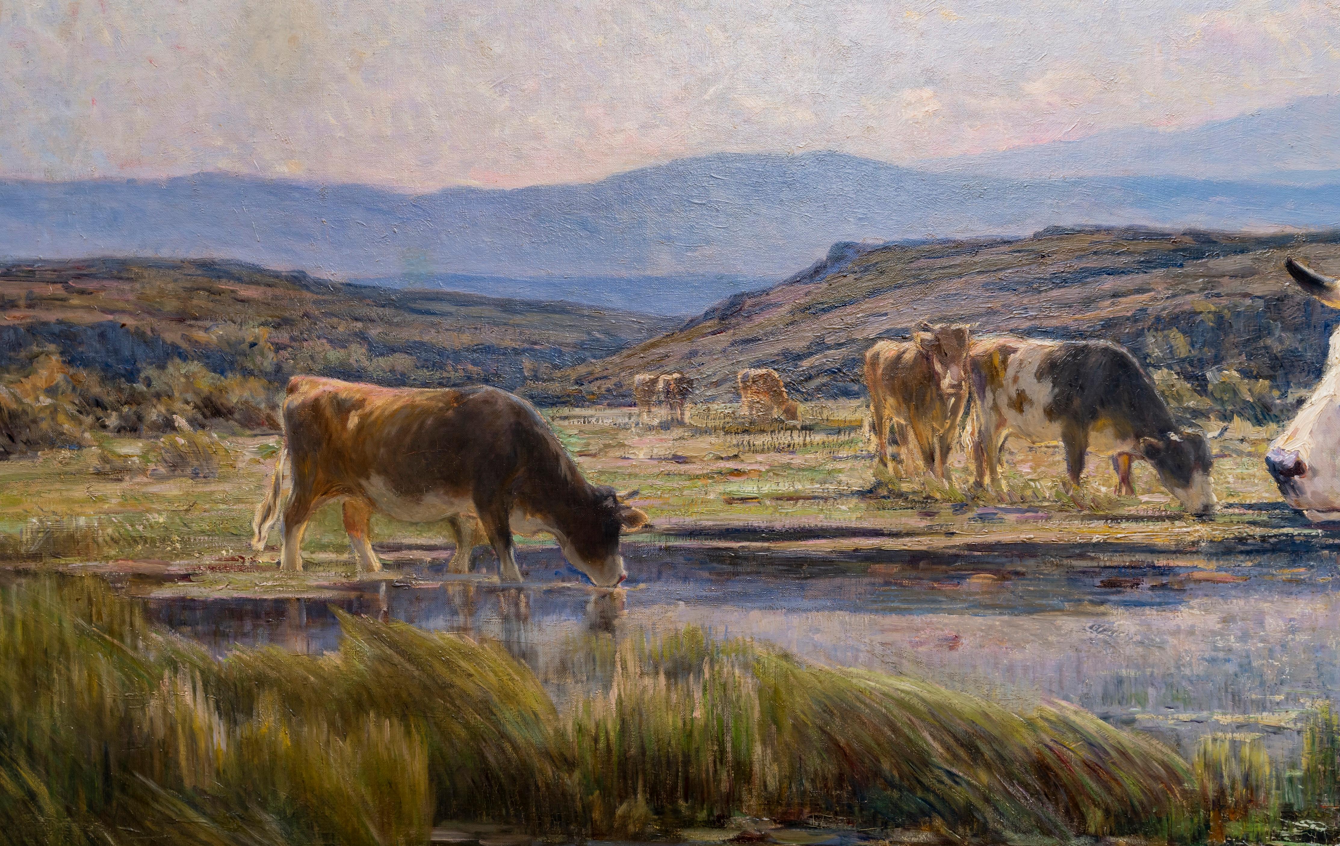 Painted Terraire, Oil Painting, Cows, River and Water lilies, Barbizon Naturalism, 1907