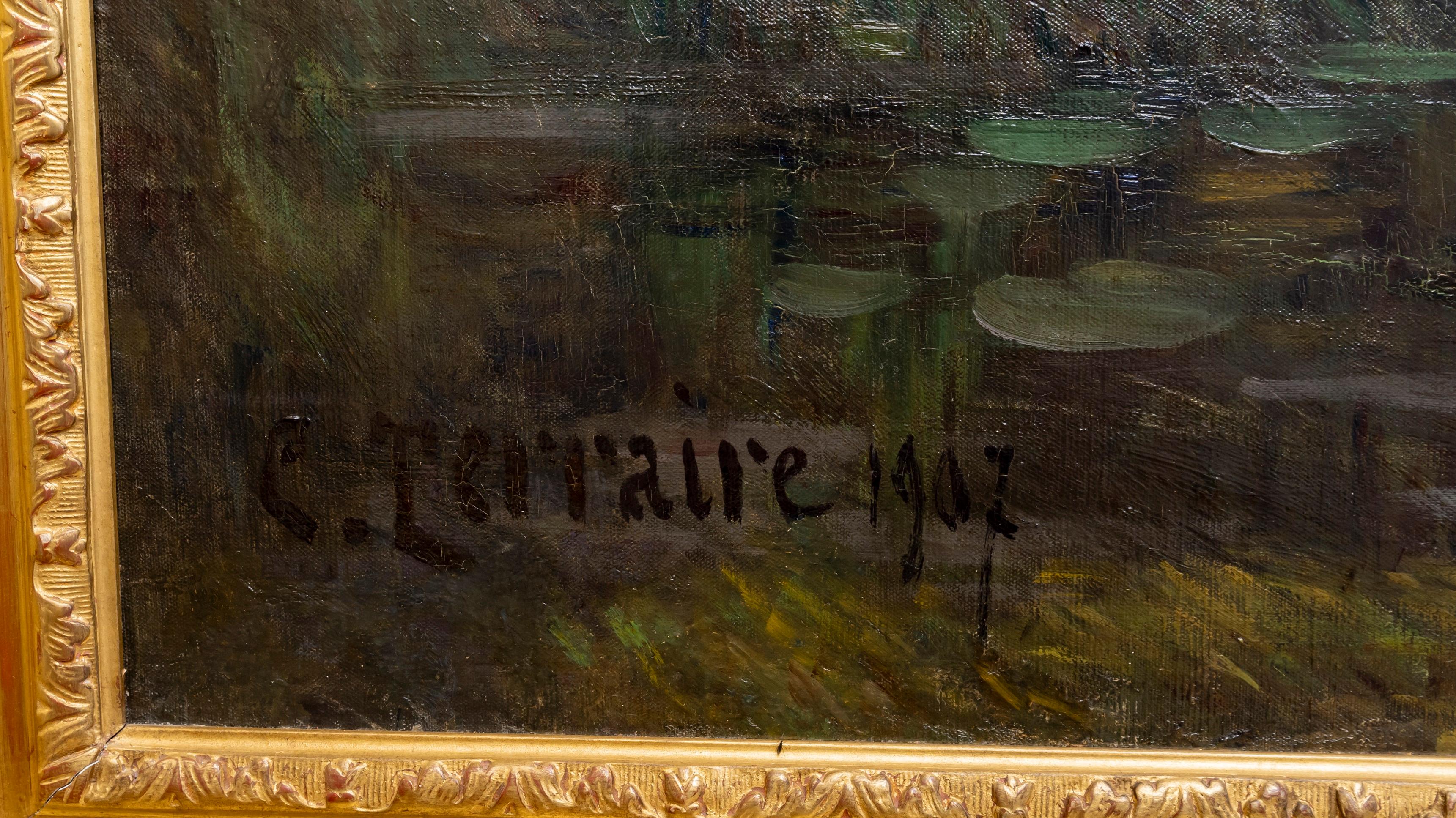 Terraire, Oil Painting, Cows, River and Water lilies, Barbizon Naturalism, 1907 In Good Condition In SAINT-OUEN-SUR-SEINE, FR