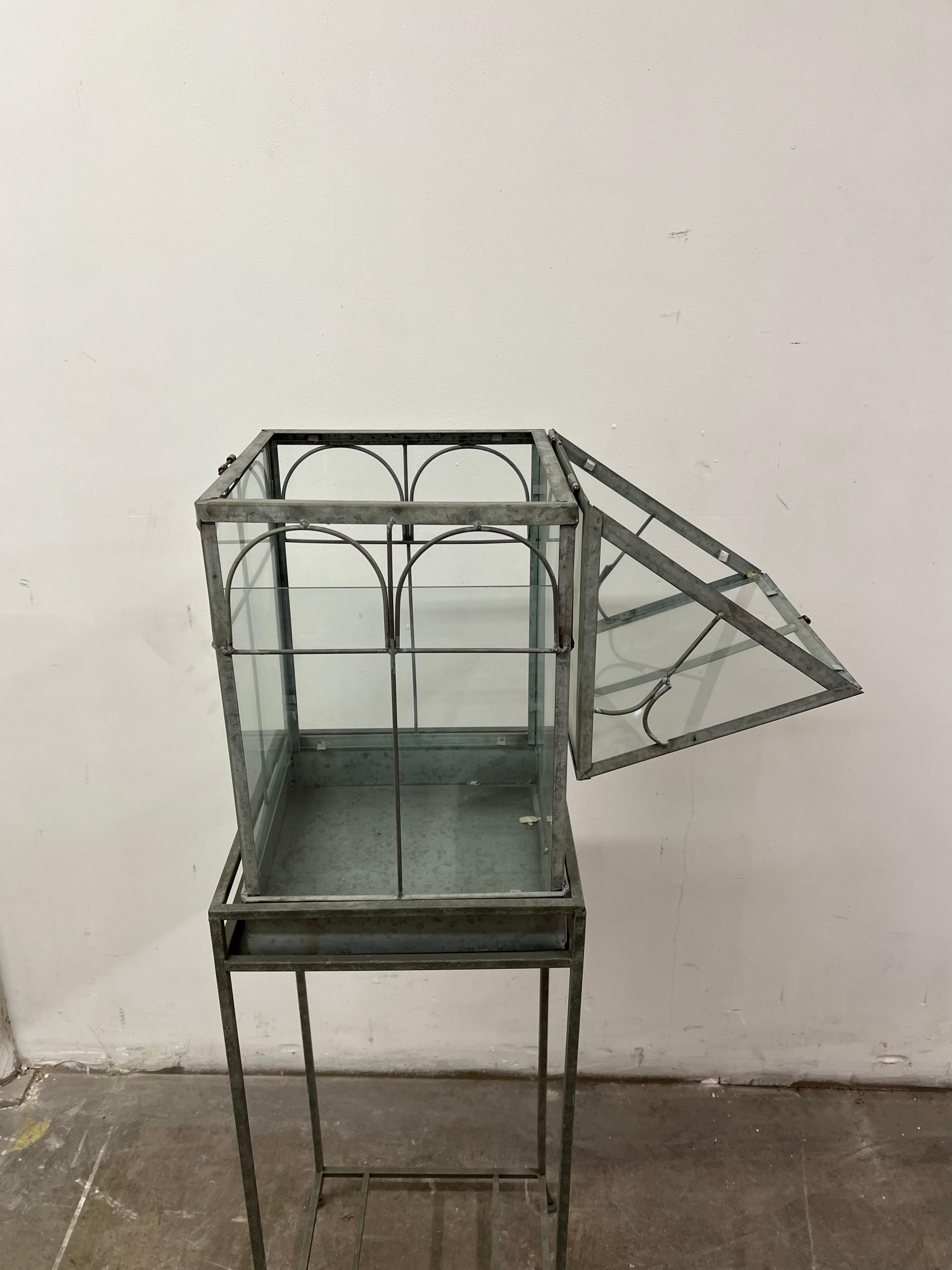 Patinated Terrarium Greenhouse on Stand with Open Pedestal