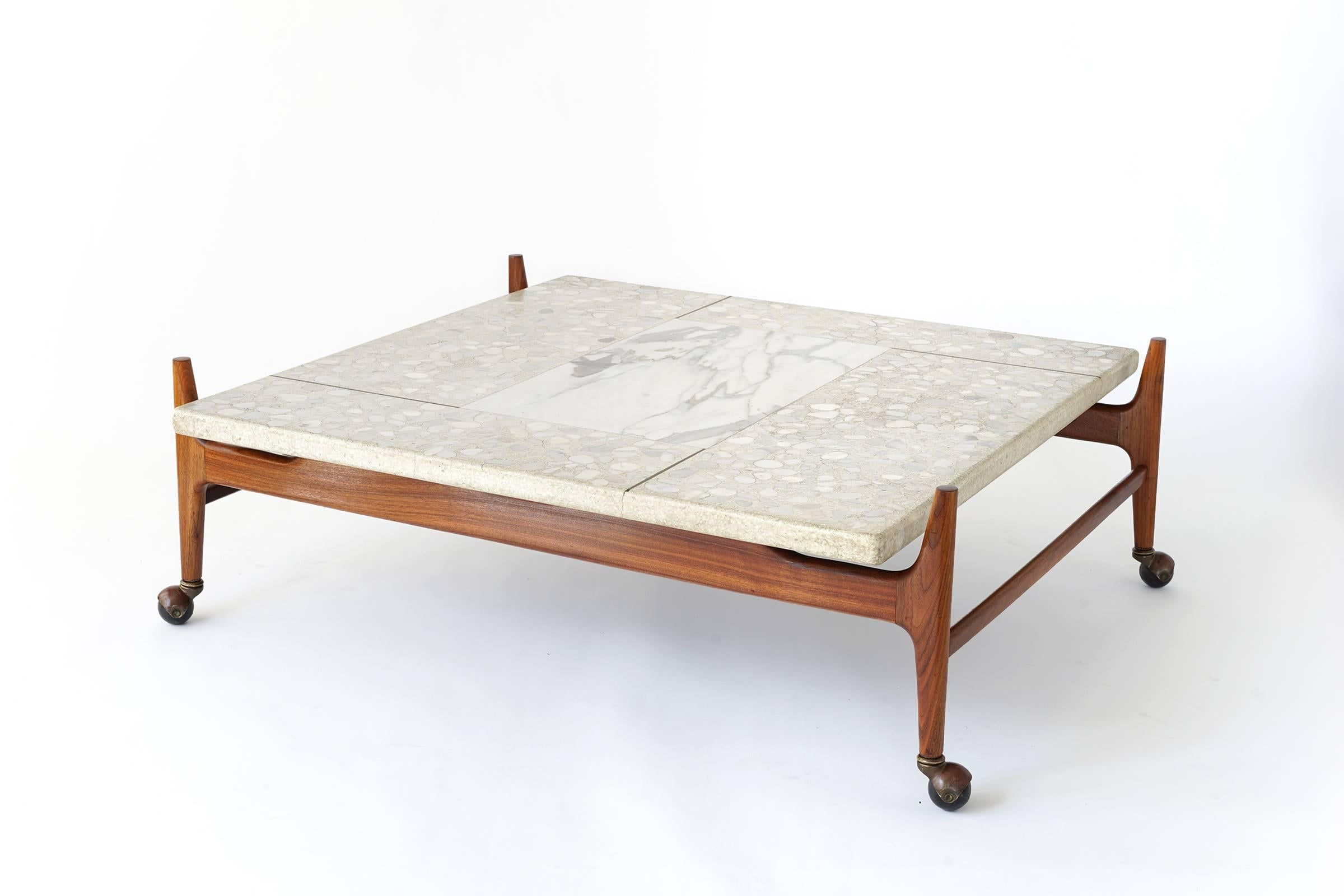 Marble Terrazzo and Walnut Coffee Table by Harvey Probber