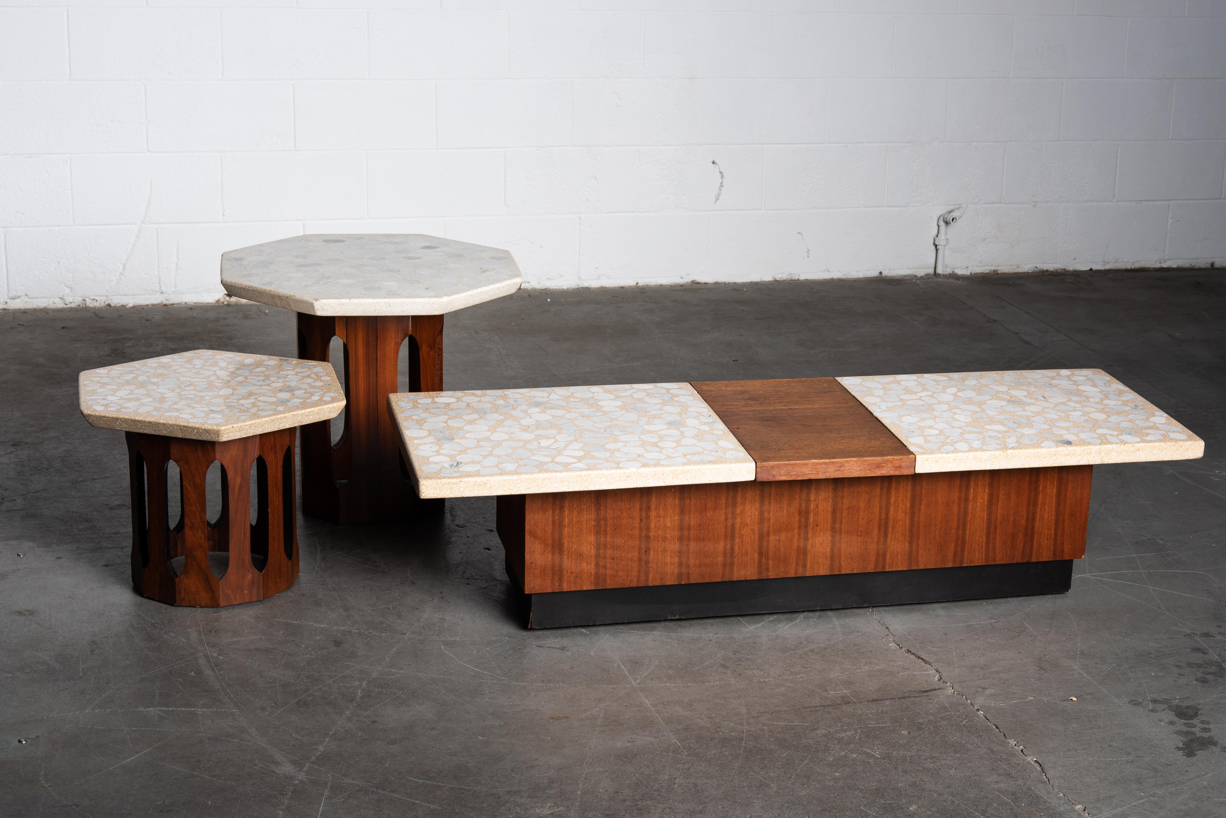 American Terrazzo and Walnut Harvey Probber Style Side and Coffee Tables Set, c. 1960