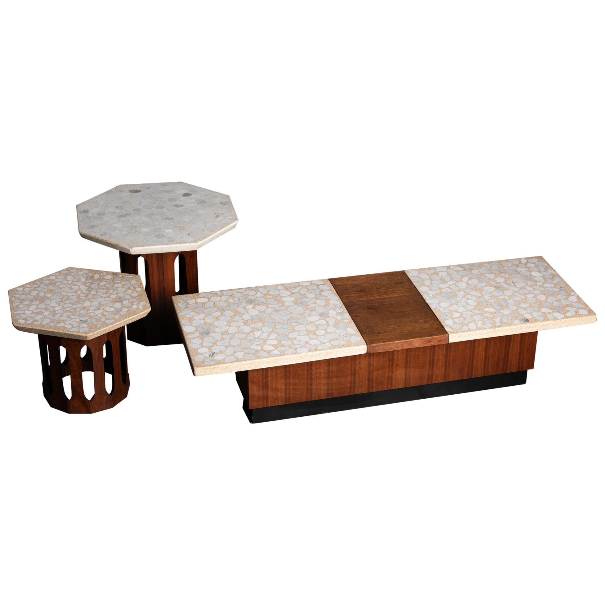 Terrazzo and Walnut Harvey Probber Style Side and Coffee Tables Set, c. 1960