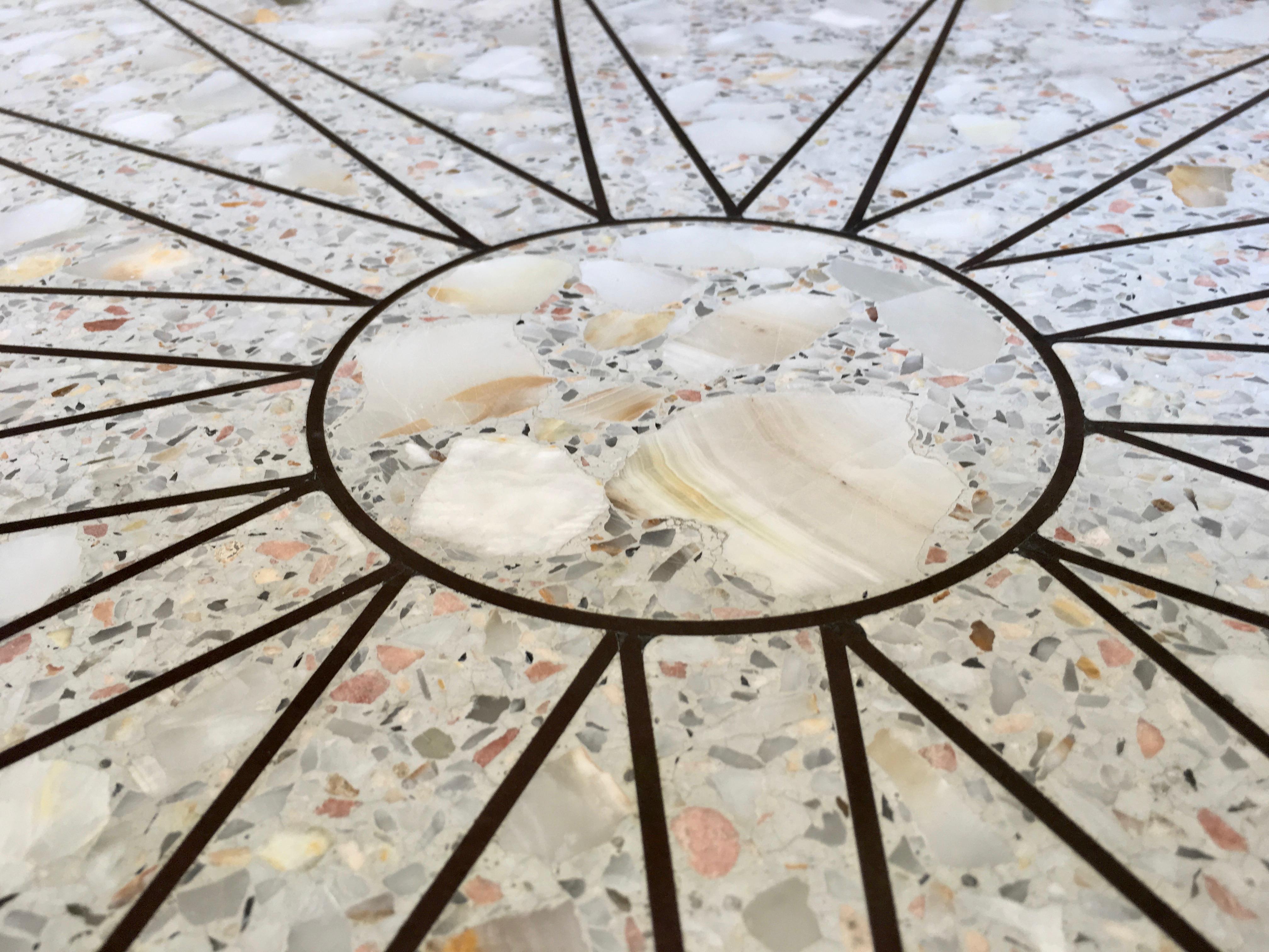 Italian Terrazzo Marble with Brass Sunburst Inlay Coffee Table