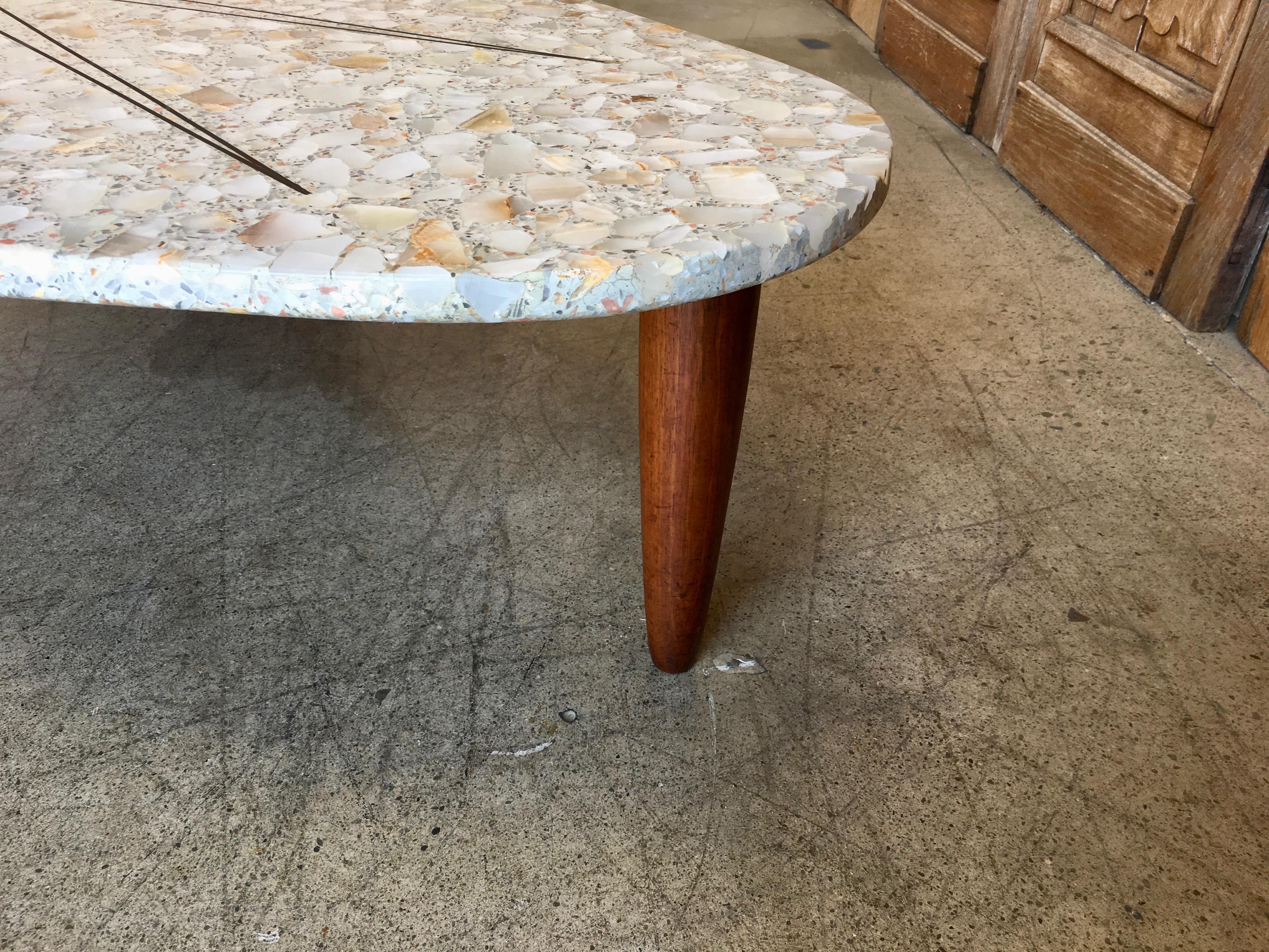 Terrazzo Marble with Brass Sunburst Inlay Coffee Table In Good Condition In Denton, TX
