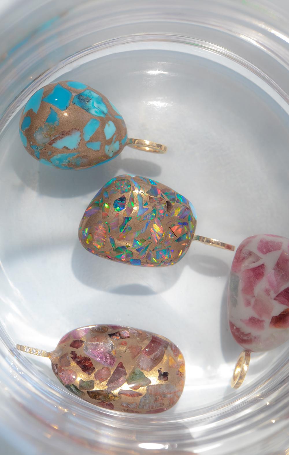 Contemporary TERRAZZO Pebble Pendant, Turquoise with Opal, Tourmaline Flakes, 18k Rose Gold For Sale