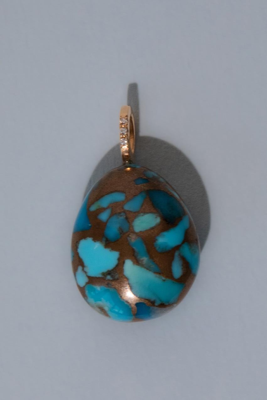 Cabochon TERRAZZO Pebble Pendant, Turquoise with Opal, Tourmaline Flakes, 18k Rose Gold For Sale