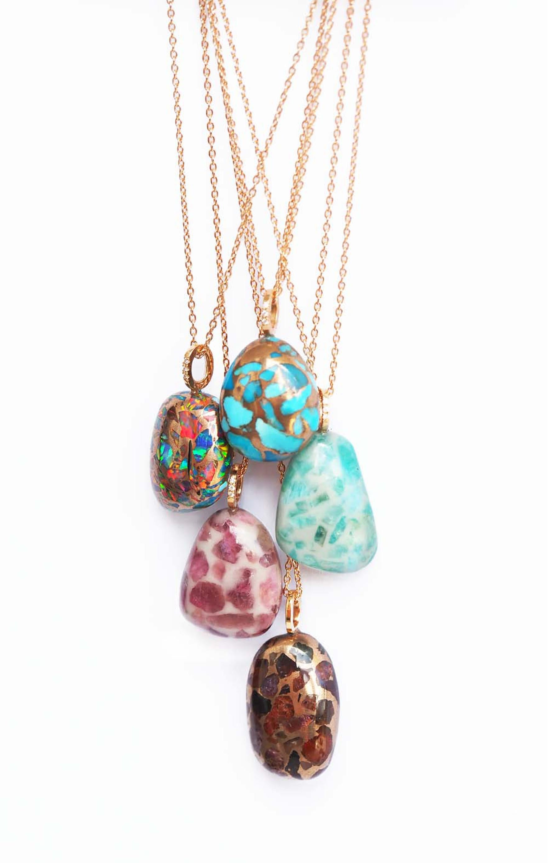 TERRAZZO Pebble Pendant, Turquoise with Opal, Tourmaline Flakes, 18k Rose Gold In New Condition For Sale In Brasschaat, BE