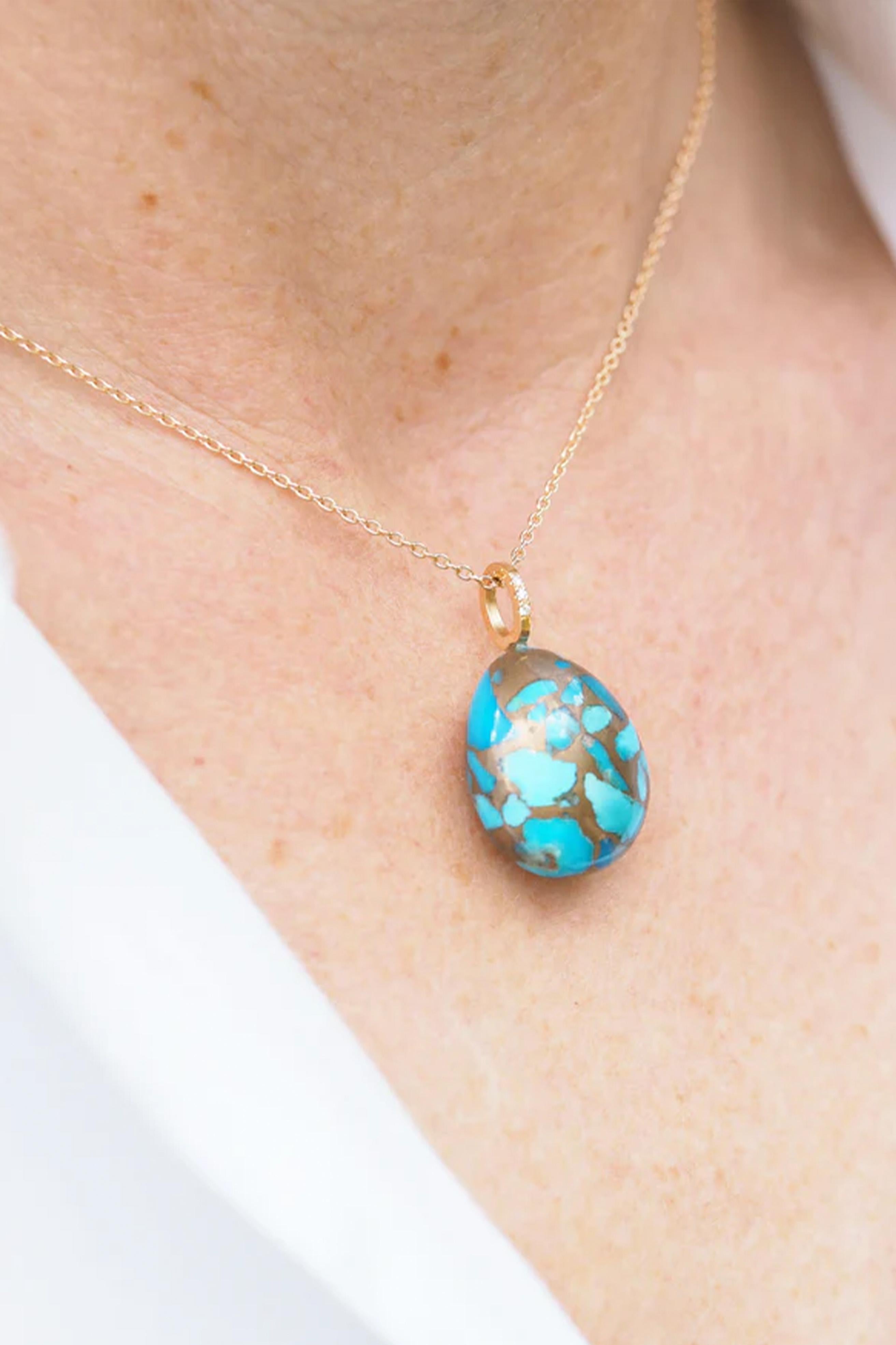 Women's or Men's TERRAZZO Pebble Pendant, Turquoise with Opal, Tourmaline Flakes, 18k Rose Gold For Sale