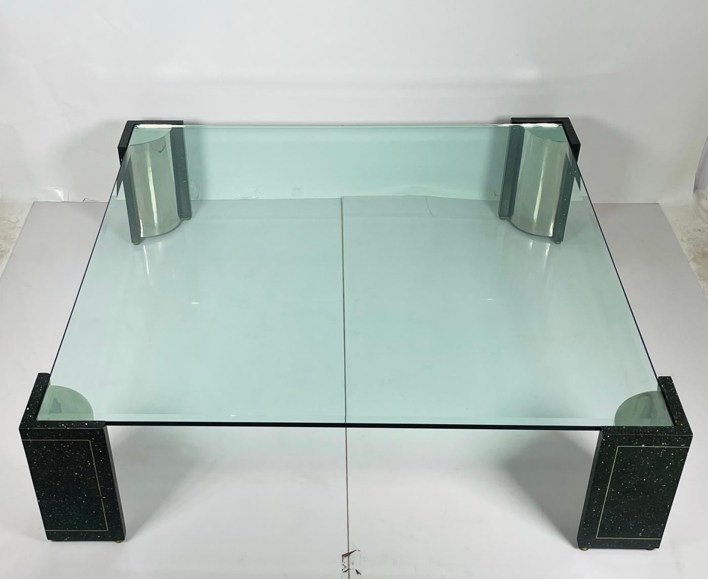 North American Terrazzo, Stainless Steel & Glass Coffee Table After Karl Springer, USA, 1970s For Sale