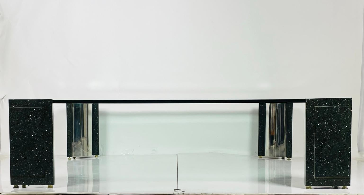 Terrazzo, Stainless Steel & Glass Coffee Table After Karl Springer, USA, 1970s In Good Condition For Sale In Los Angeles, CA