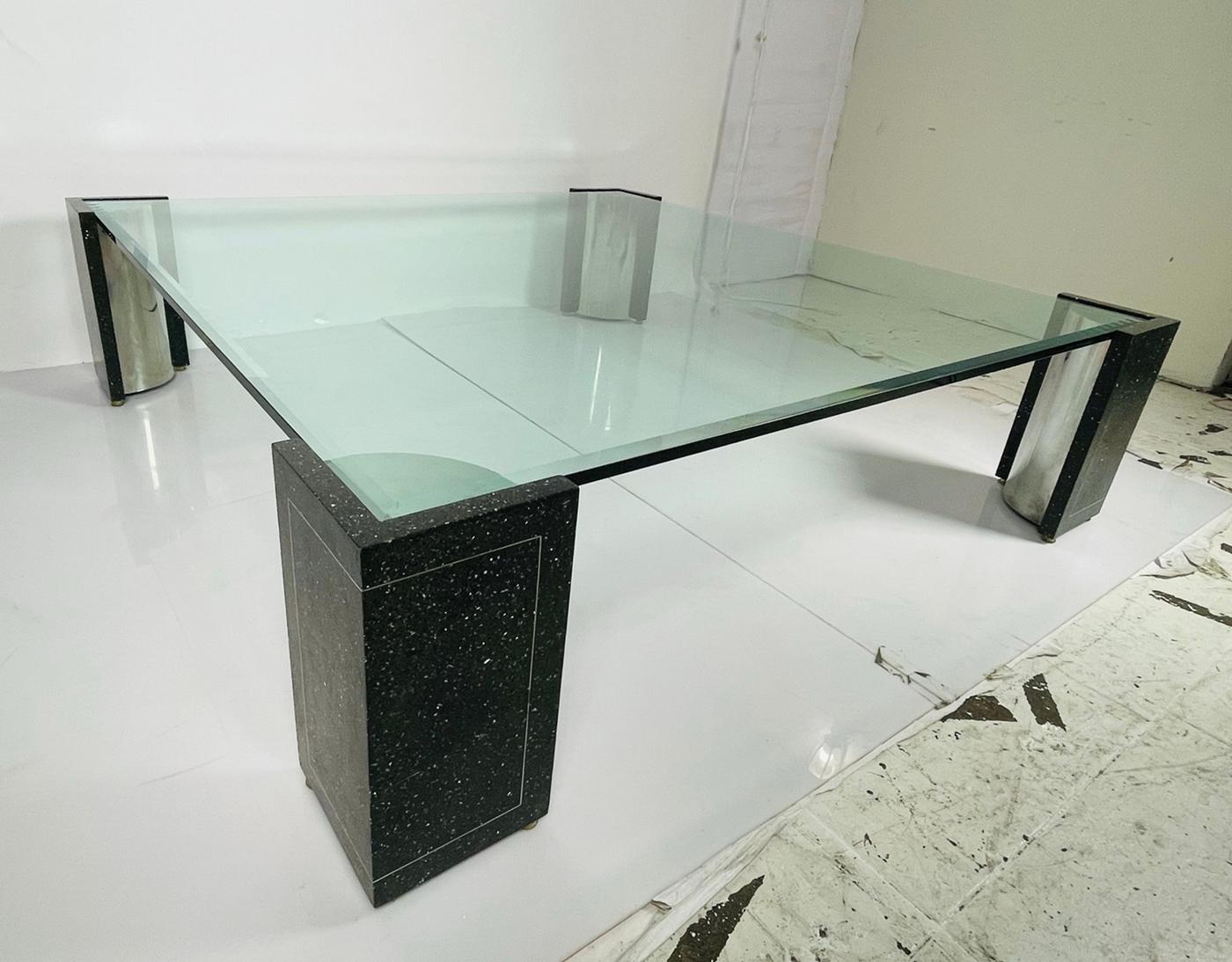 Late 20th Century Terrazzo, Stainless Steel & Glass Coffee Table After Karl Springer, USA, 1970s For Sale