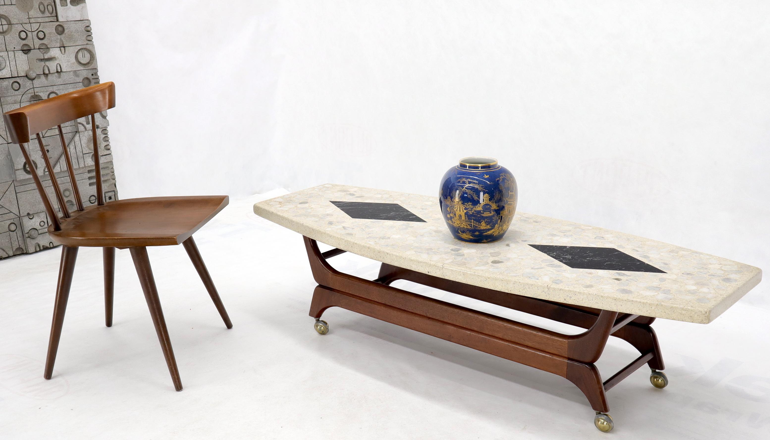 Mid-Century Modern marble terrazzo top boat shape walnut base coffee table. Kagan Pearsall decor match.