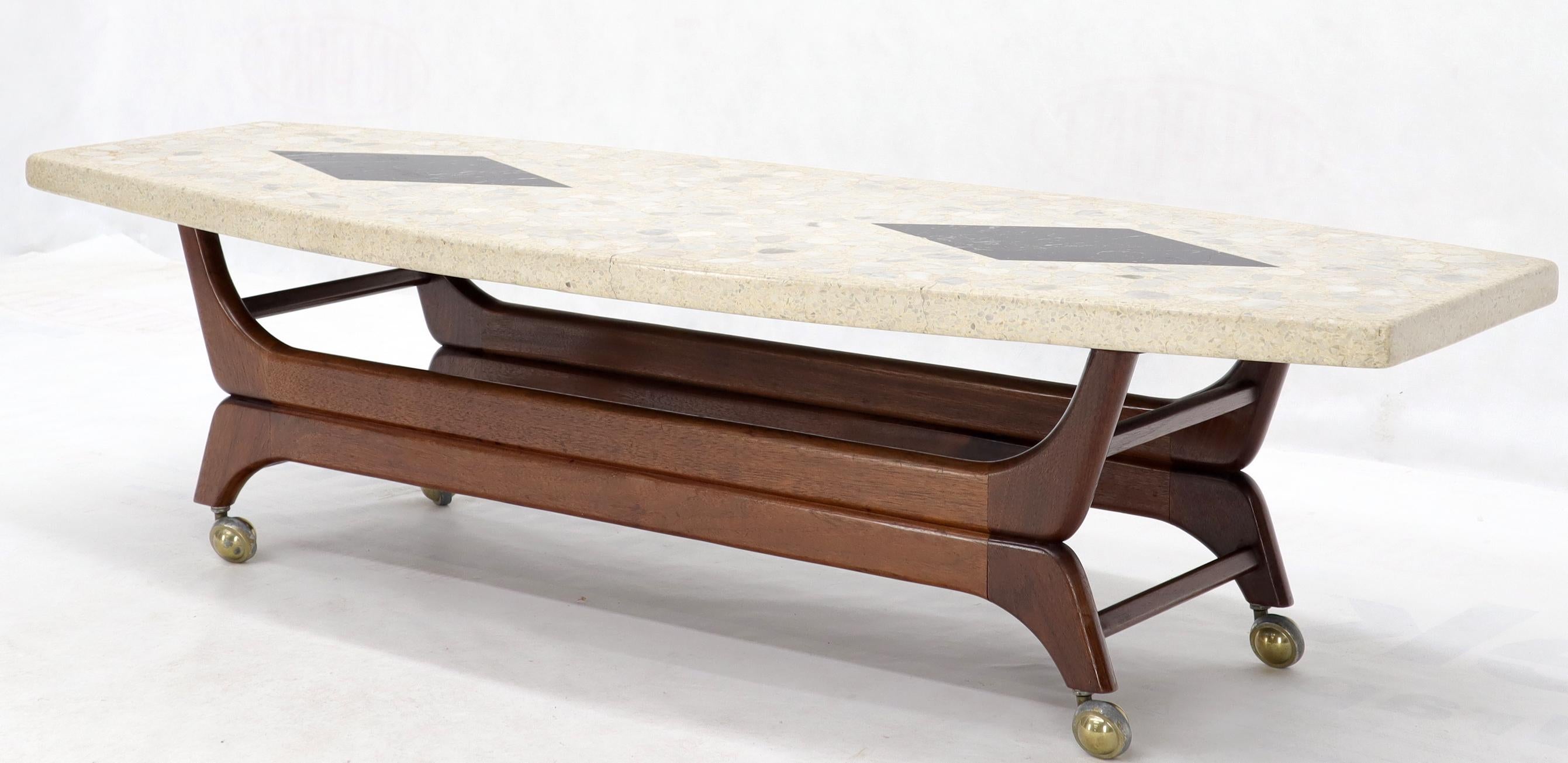 Mid-Century Modern Terrazzo Stone Inlay Boat Shape Oiled Walnut Base Coffee Table For Sale