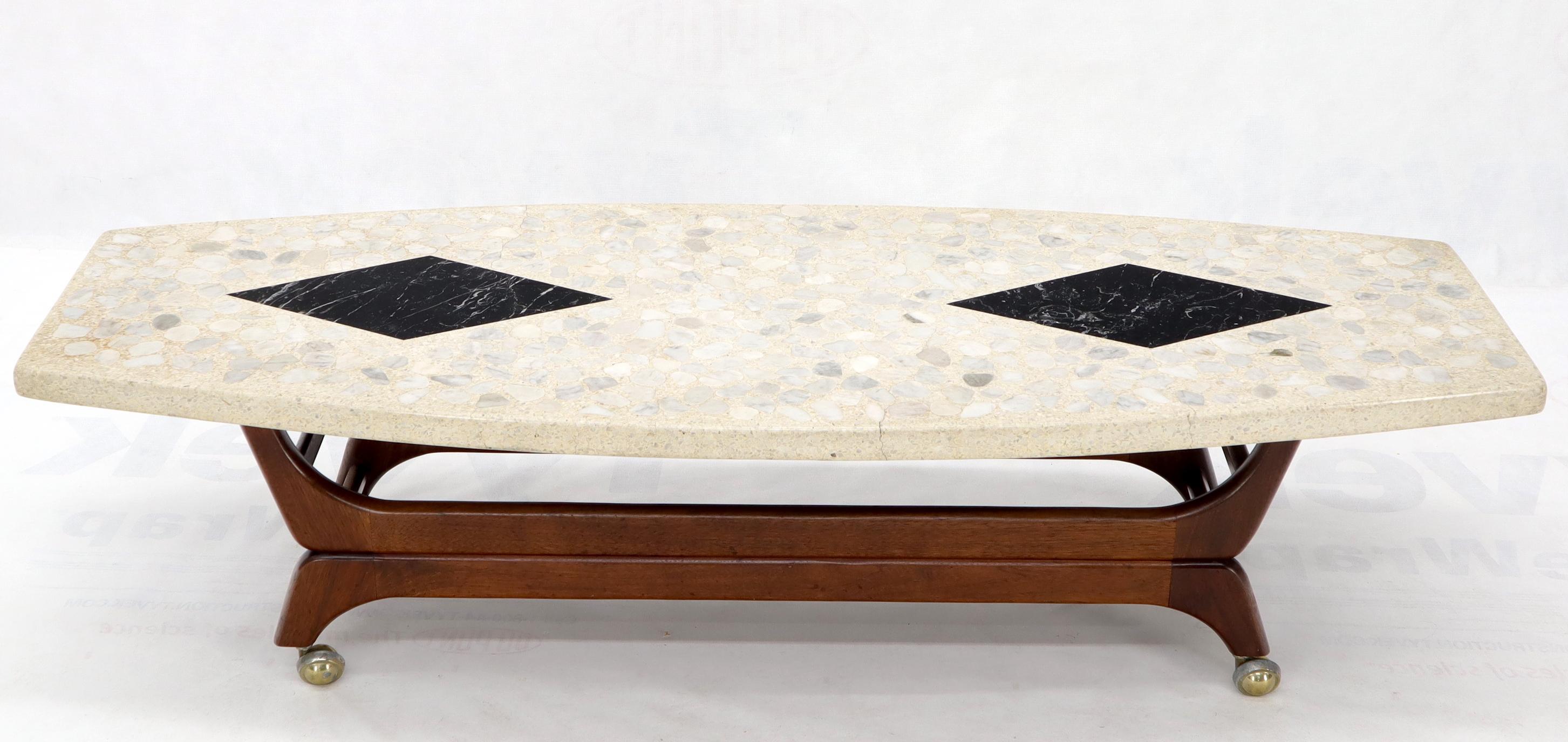 American Terrazzo Stone Inlay Boat Shape Oiled Walnut Base Coffee Table For Sale