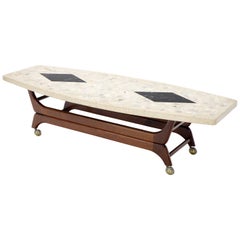 Terrazzo Stone Inlay Boat Shape Oiled Walnut Base Coffee Table