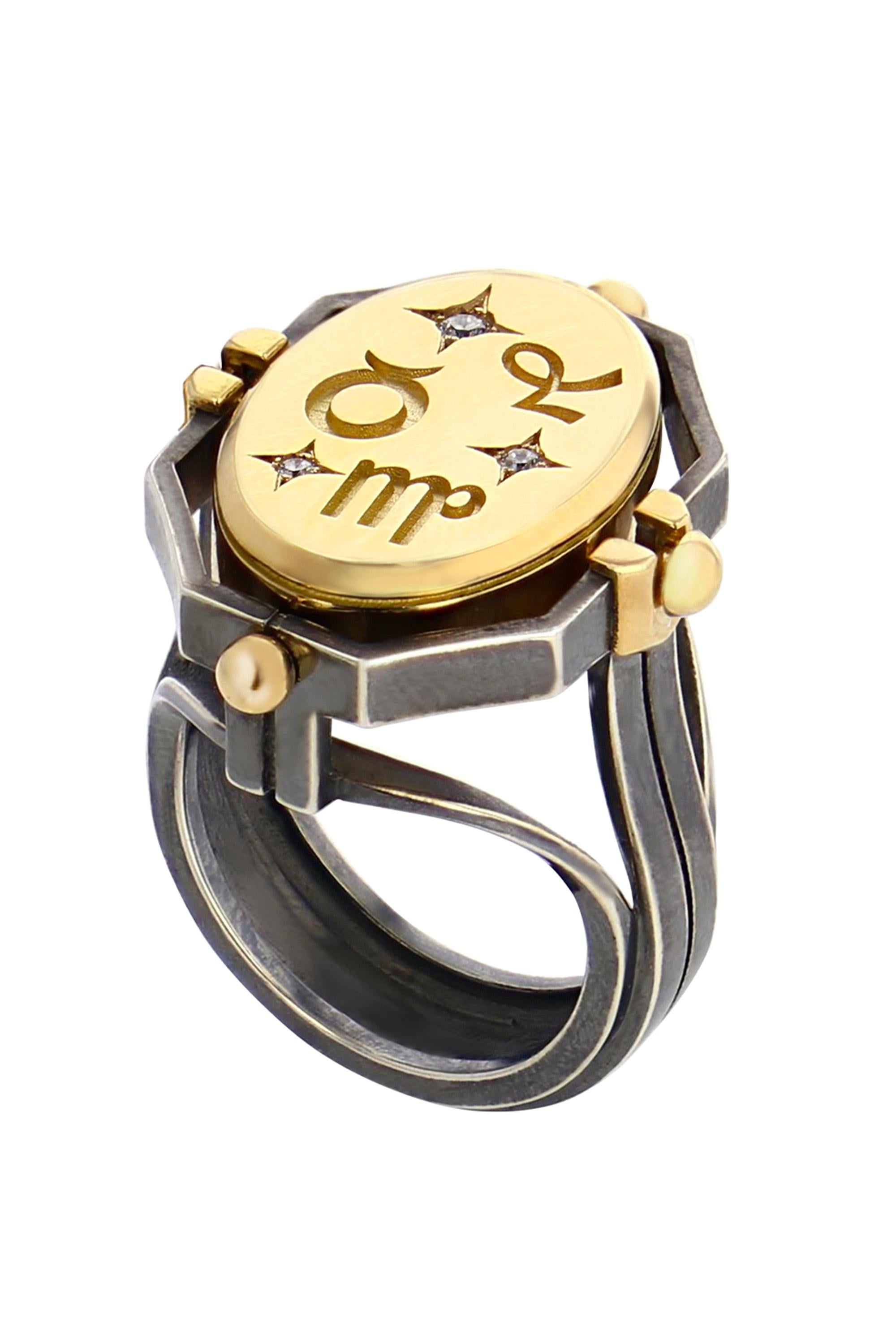Yellow gold and distressed silver ring. Rotating medallion: on the gold side are engraved Earth signs (Virgo, Capricorn, Taurus) and on the onyx, a lion.

Details: 
Onyx 
18k Yellow Gold: 10 g
Distressed Silver: 8 g
3 Diamonds: 0.03 cts
Made in