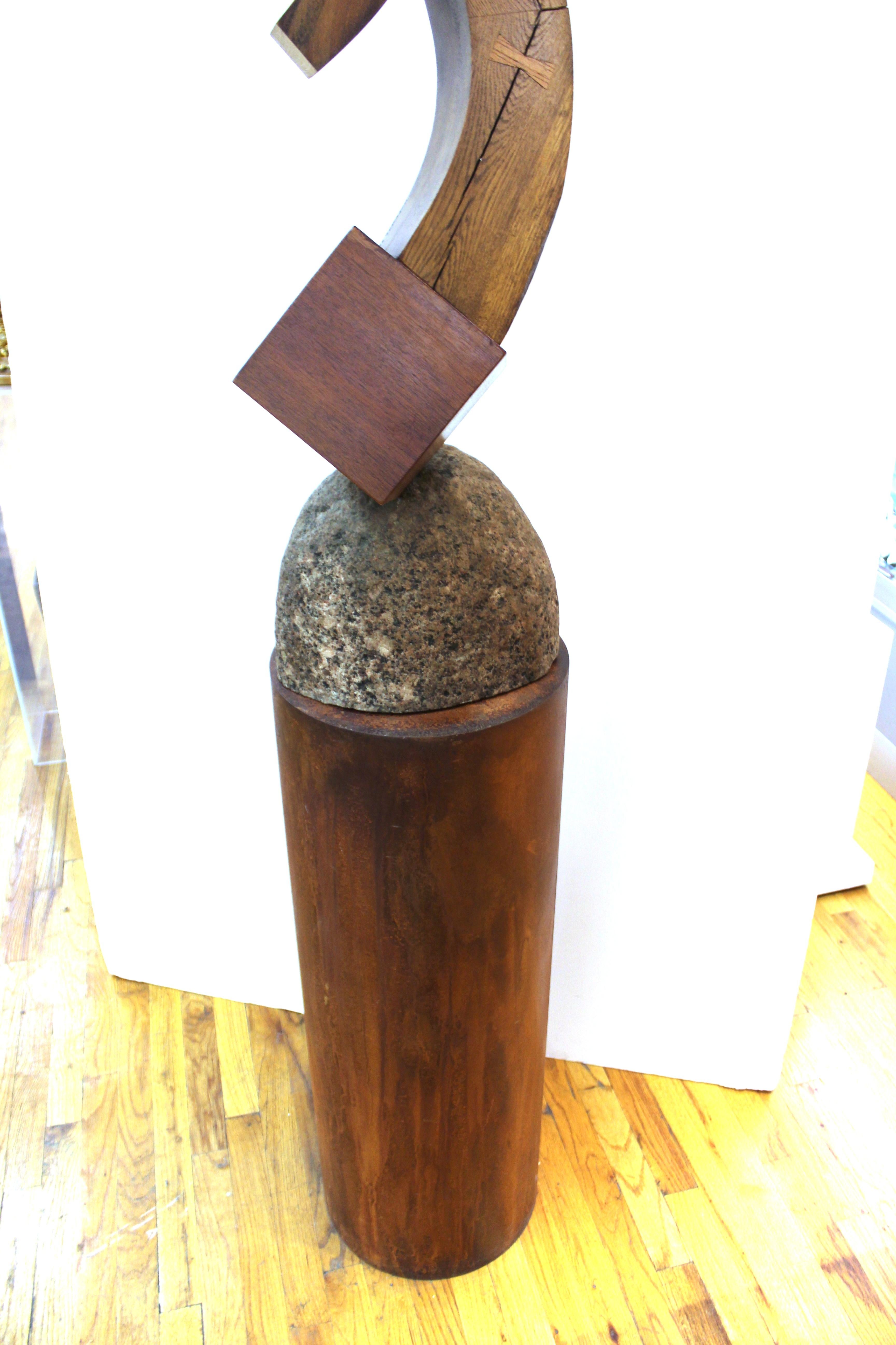 Terrence Karpowicz Postmodern Abstract Wood Sculpture on Stone and Metal Base 5