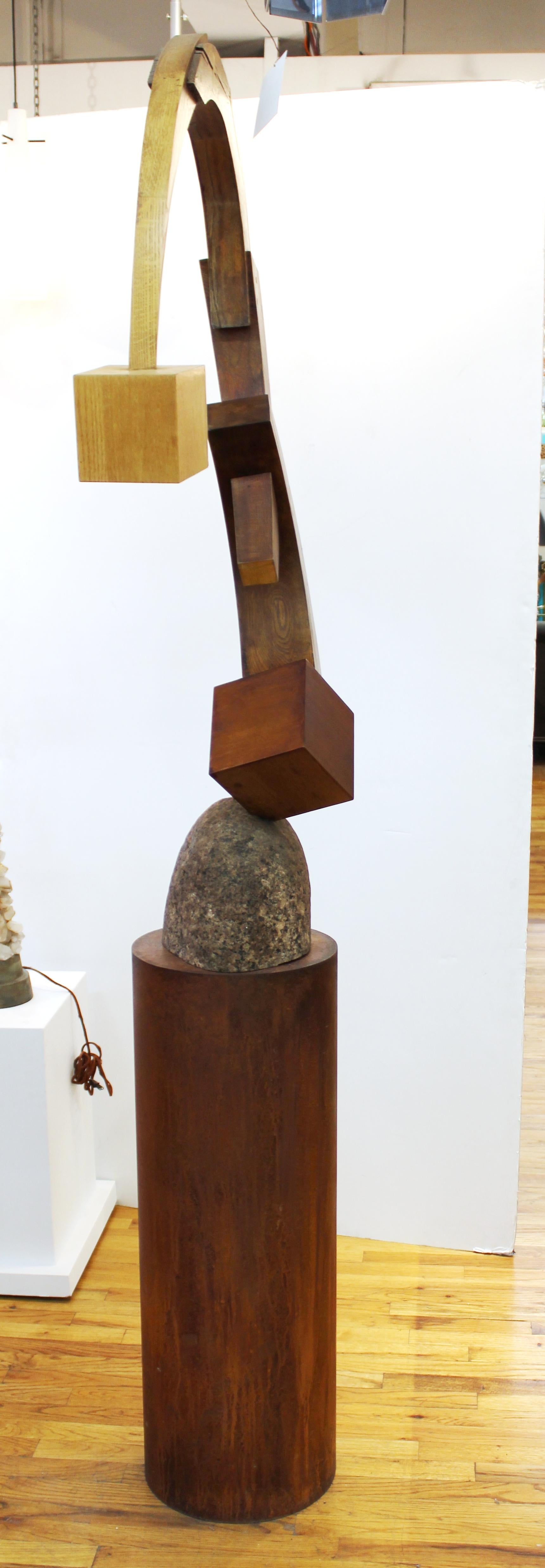 Terrence Karpowicz Postmodern Abstract Wood Sculpture on Stone and Metal Base 1