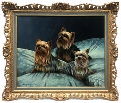 Trois Terriers, peinture à l'huile, 20ème siècle, encadrée, 23x28 pouces
