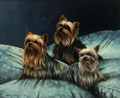 Trois Terriers, peinture à l'huile, 20ème siècle, encadrée, 23x28 pouces