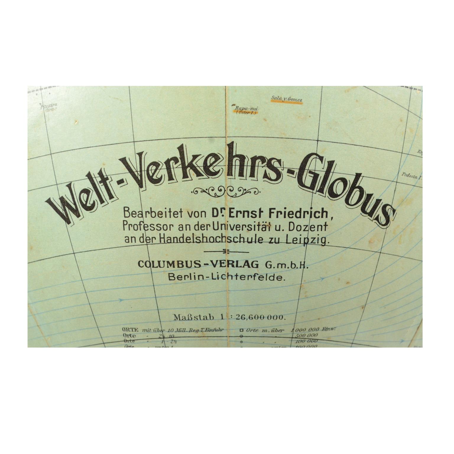 20th Century 1920s Terrestrial Antique Library Globe Edited Columbus by Prof. Ernst Friedrich