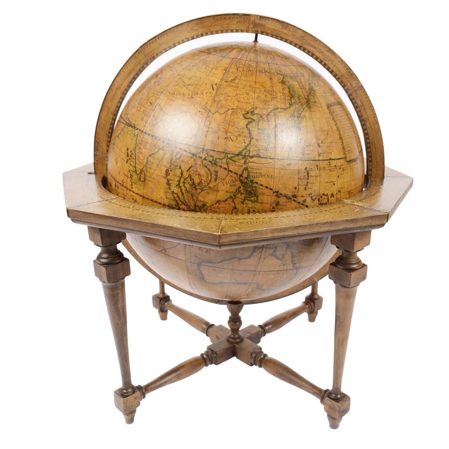 Rare terrestrial globe made according to the knowledge of Giovanni Maria Cassini (Venice 1745 - Rome 1824) regular cleric of the Padri Somaschi, an order proposed in Venice in 1525 and founded in Somasca, in Lombardy in 1532. Updated according to