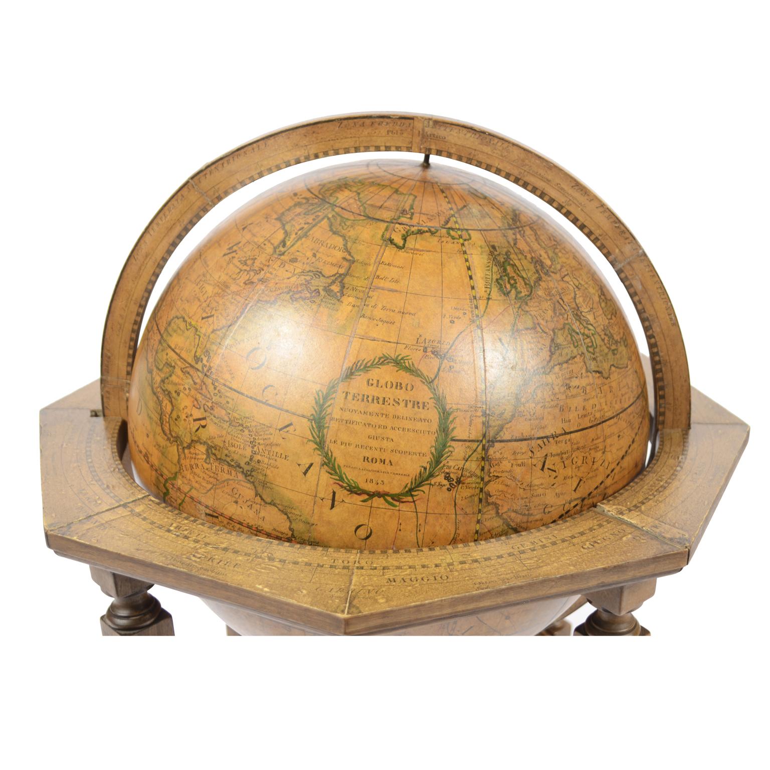 Italian 1843 Antique Terrestrial Globe  According to the Knowledge of Giovanni M Cassini