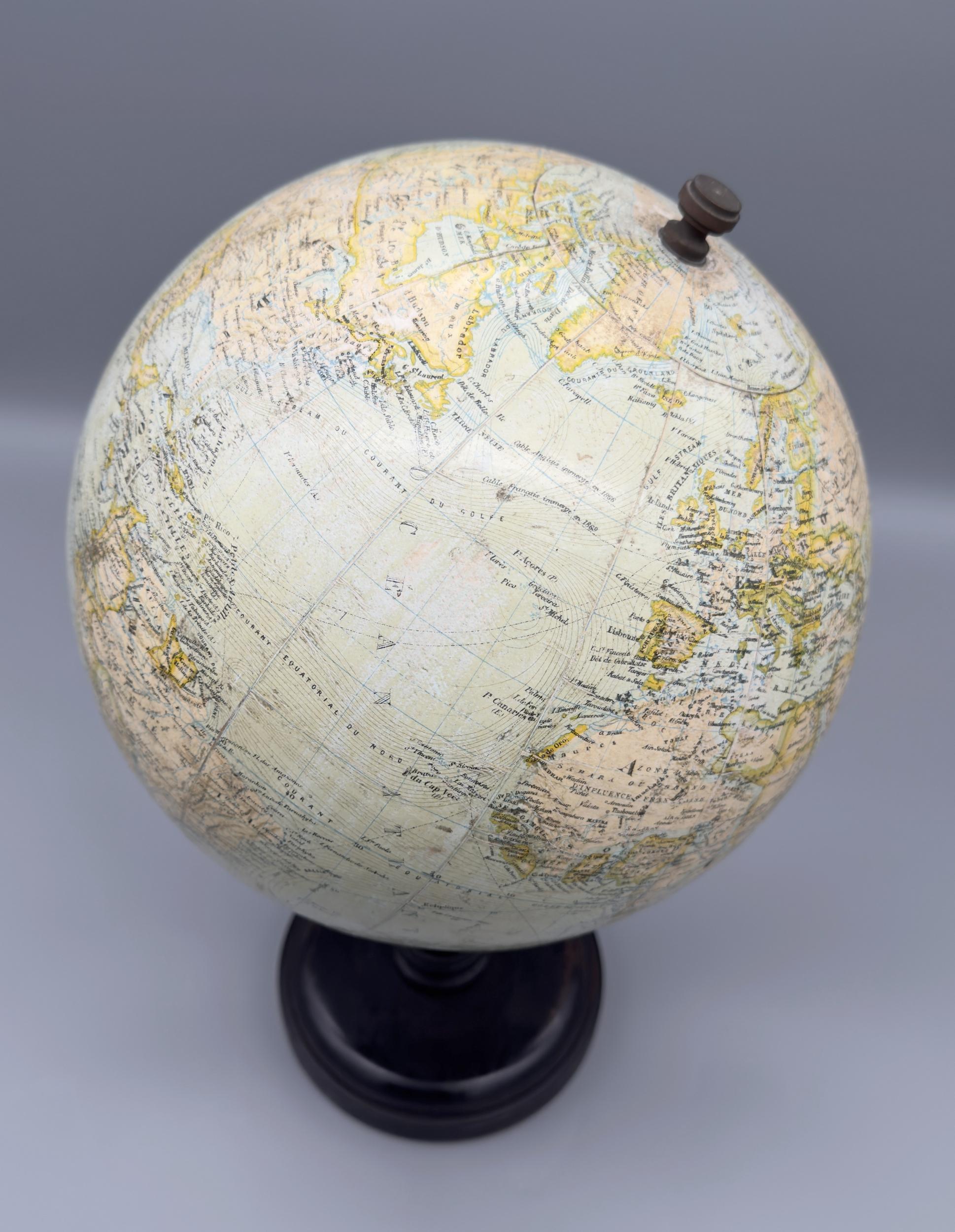 Polychromed Terrestrial globe on foot, Editions E. Bertaux, G. Thomas successeur, circa 1900 For Sale
