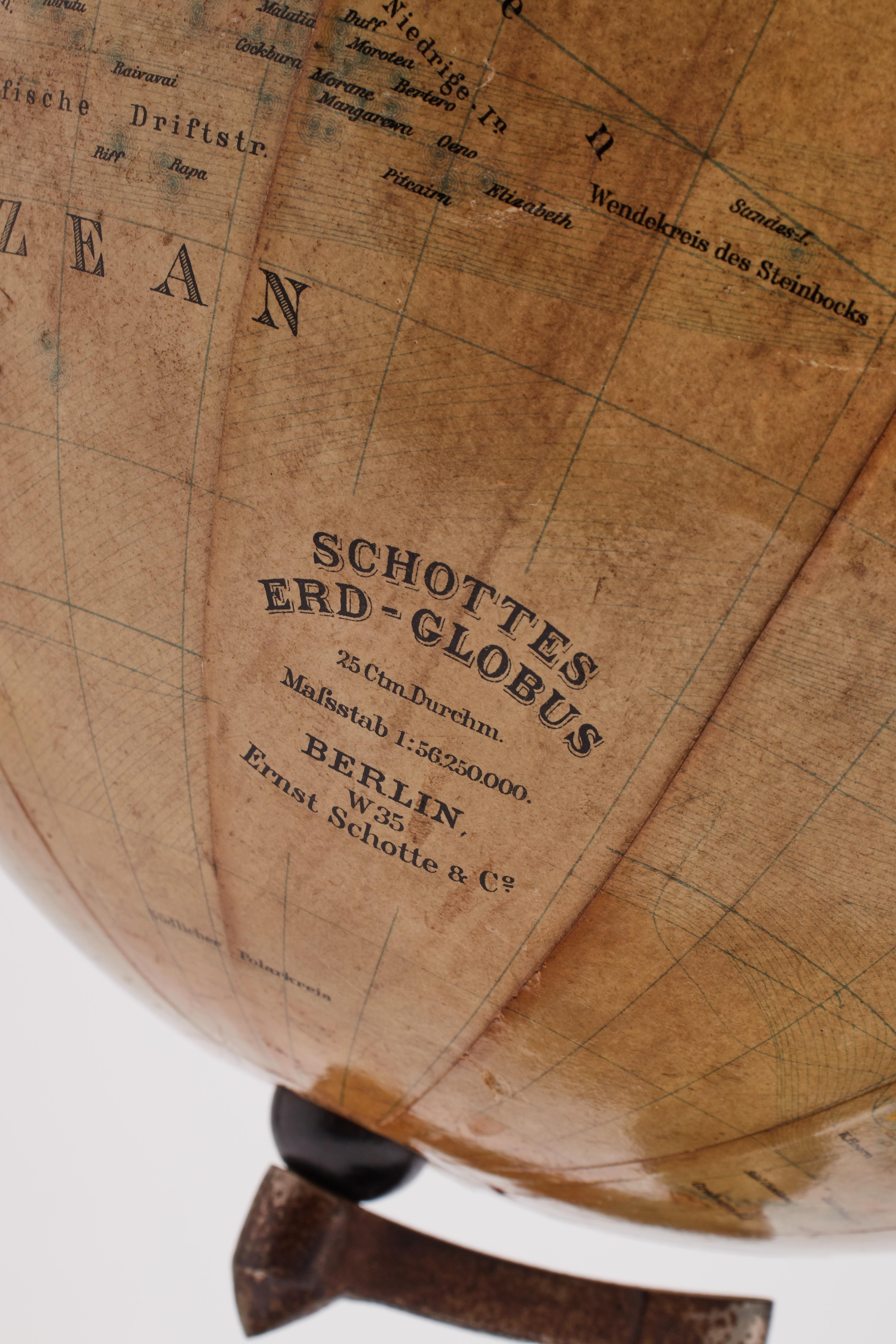 Brass Terrestrial globe published by Ernst Schotte & co, Germany 1890.  For Sale