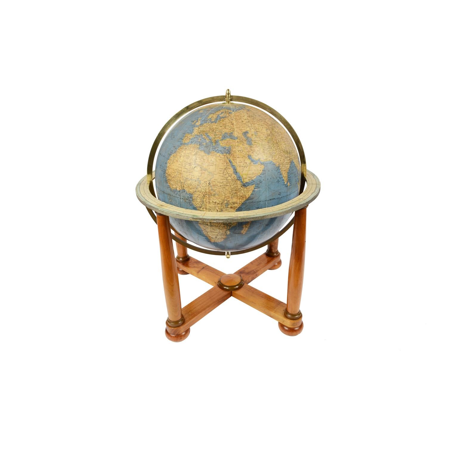 Mid-20th Century Antique Terrestrial Globe Walnut Base Published in 1950 by Vallardi Pubblisher