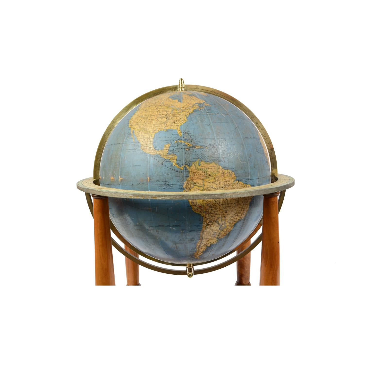 Brass Antique Terrestrial Globe Walnut Base Published in 1950 by Vallardi Pubblisher
