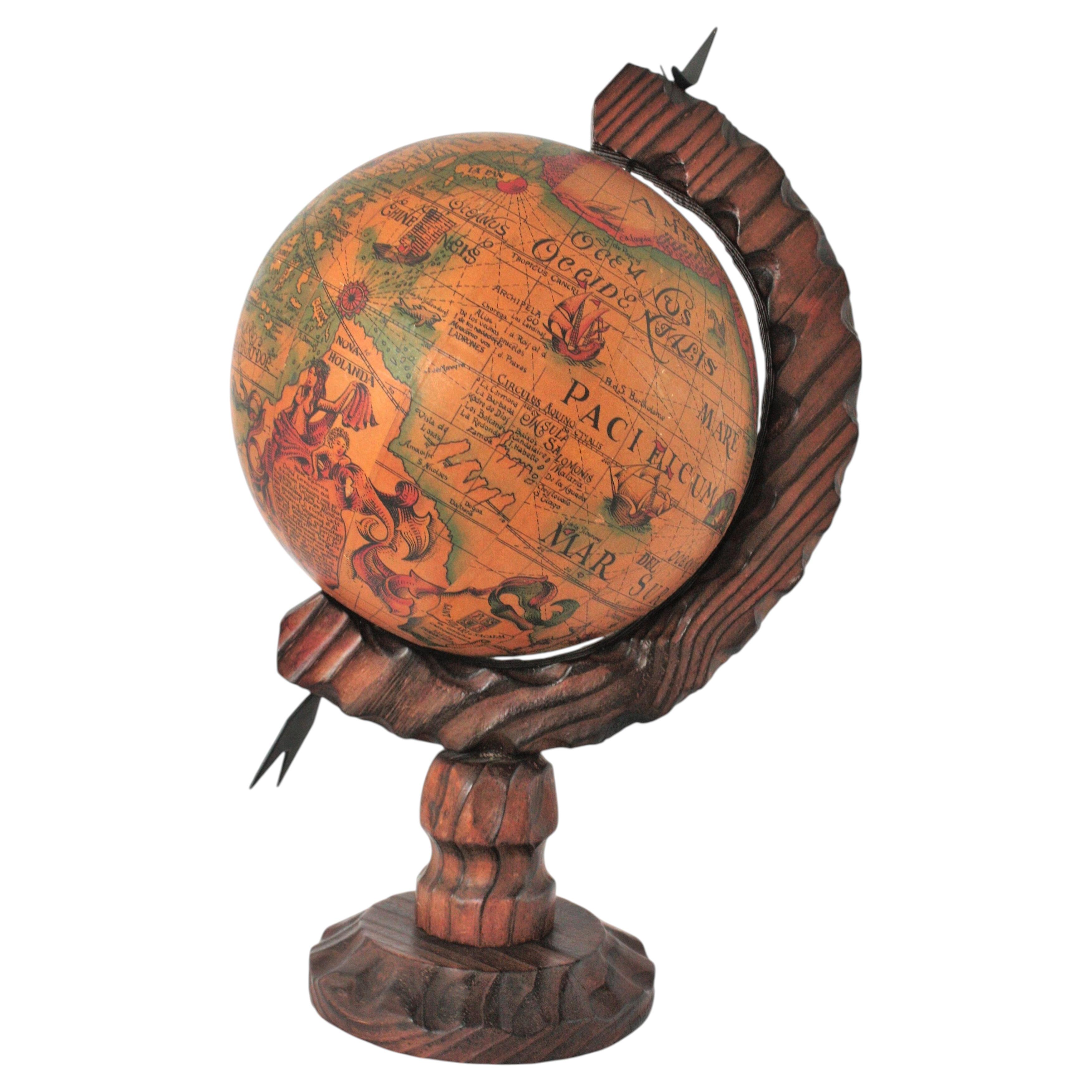 Terrestrial Globe with Carved Wood Base, Spanish Colonial Style, ca. 1950