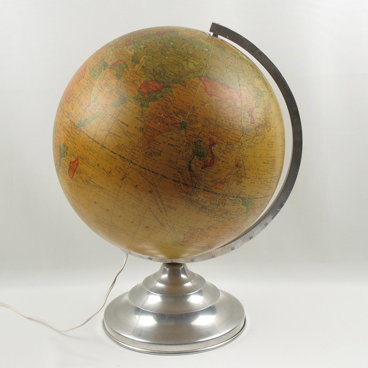 Mid-20th Century Light Up Library Glass Globe on Metal Base by Barrere and Thomas France, 1950s