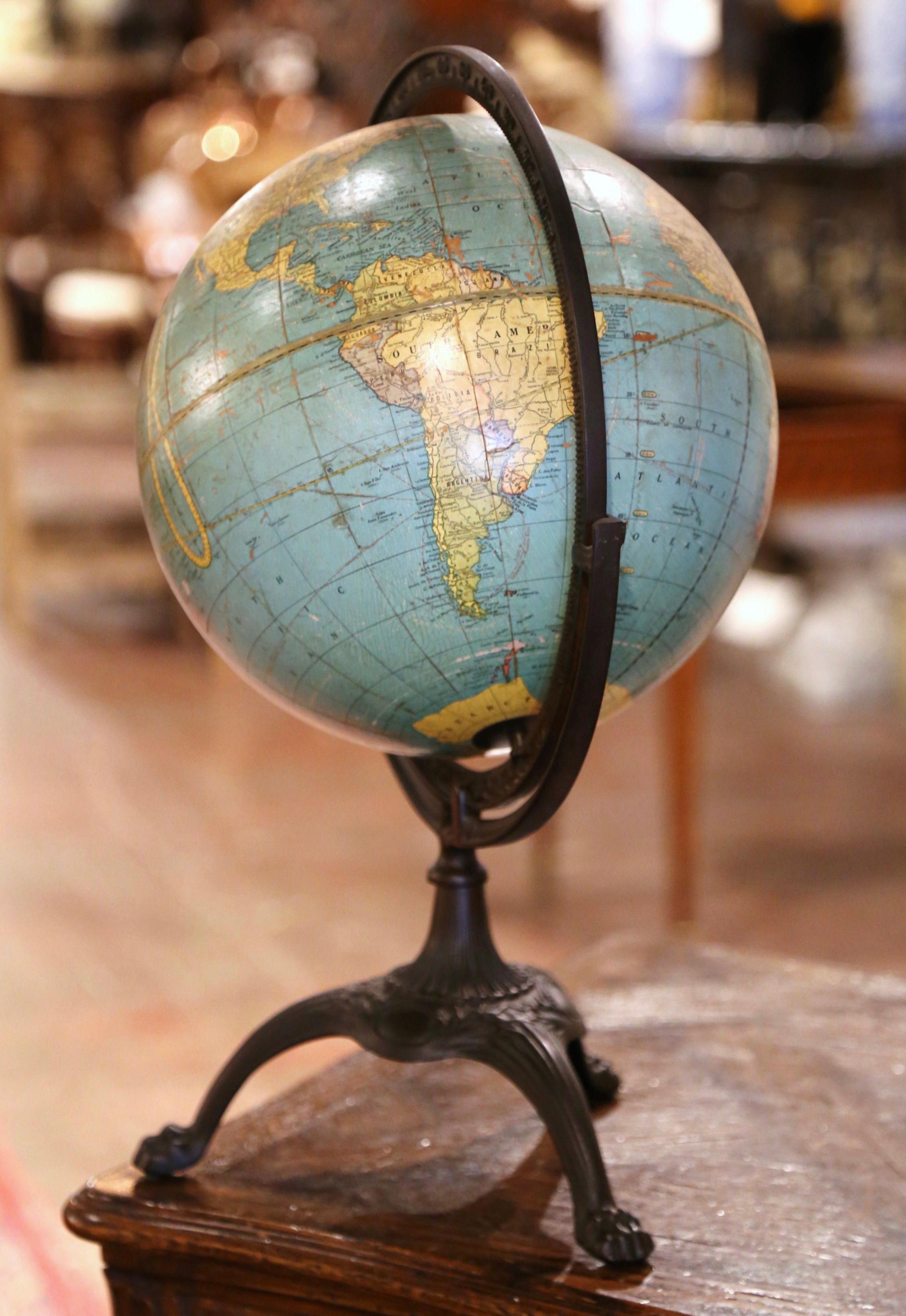 American  Terrestrial World Globe on Iron Stand by George F. Cram and Co. circa 1946 For Sale
