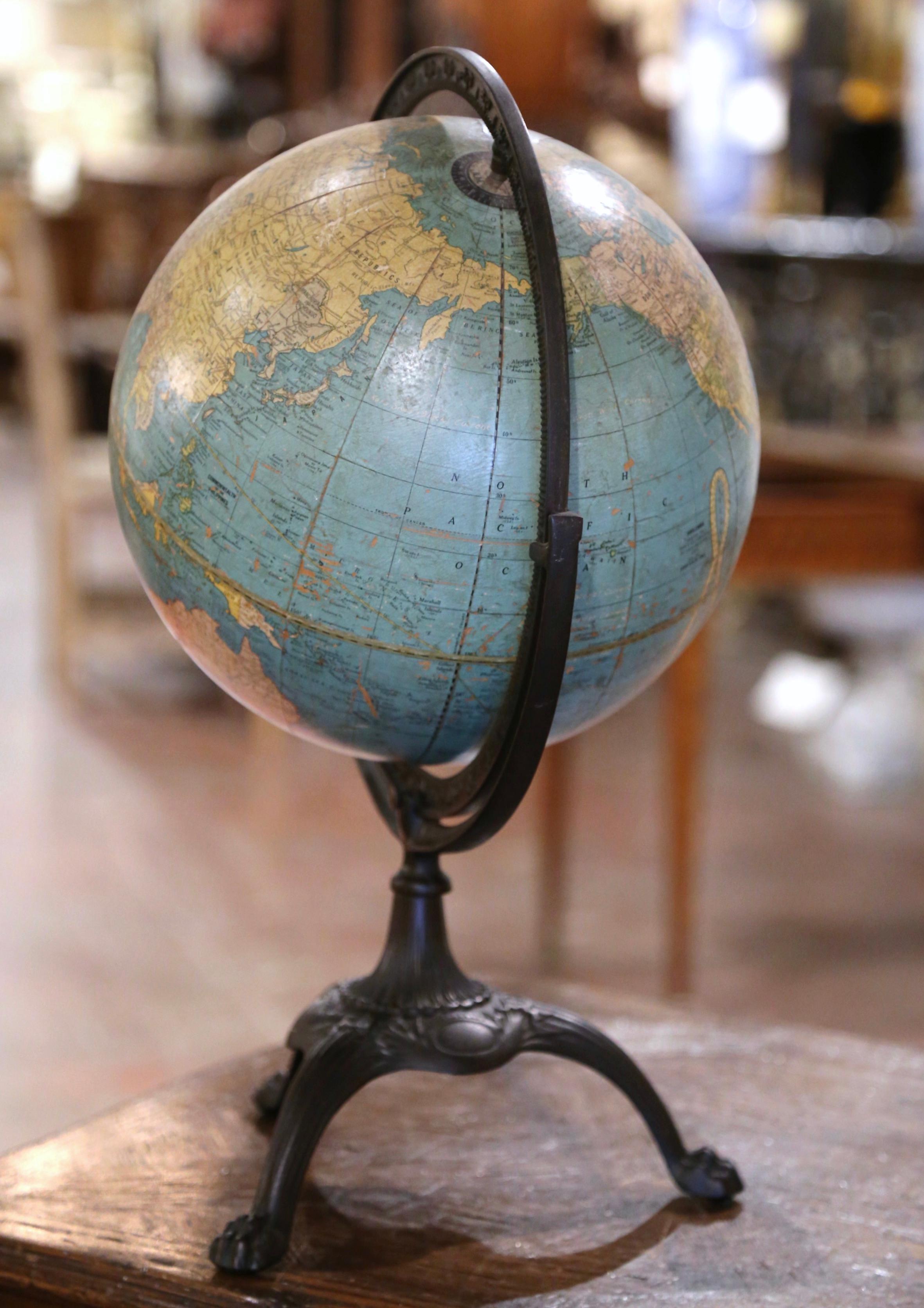 Hand-Crafted  Terrestrial World Globe on Iron Stand by George F. Cram and Co. circa 1946 For Sale