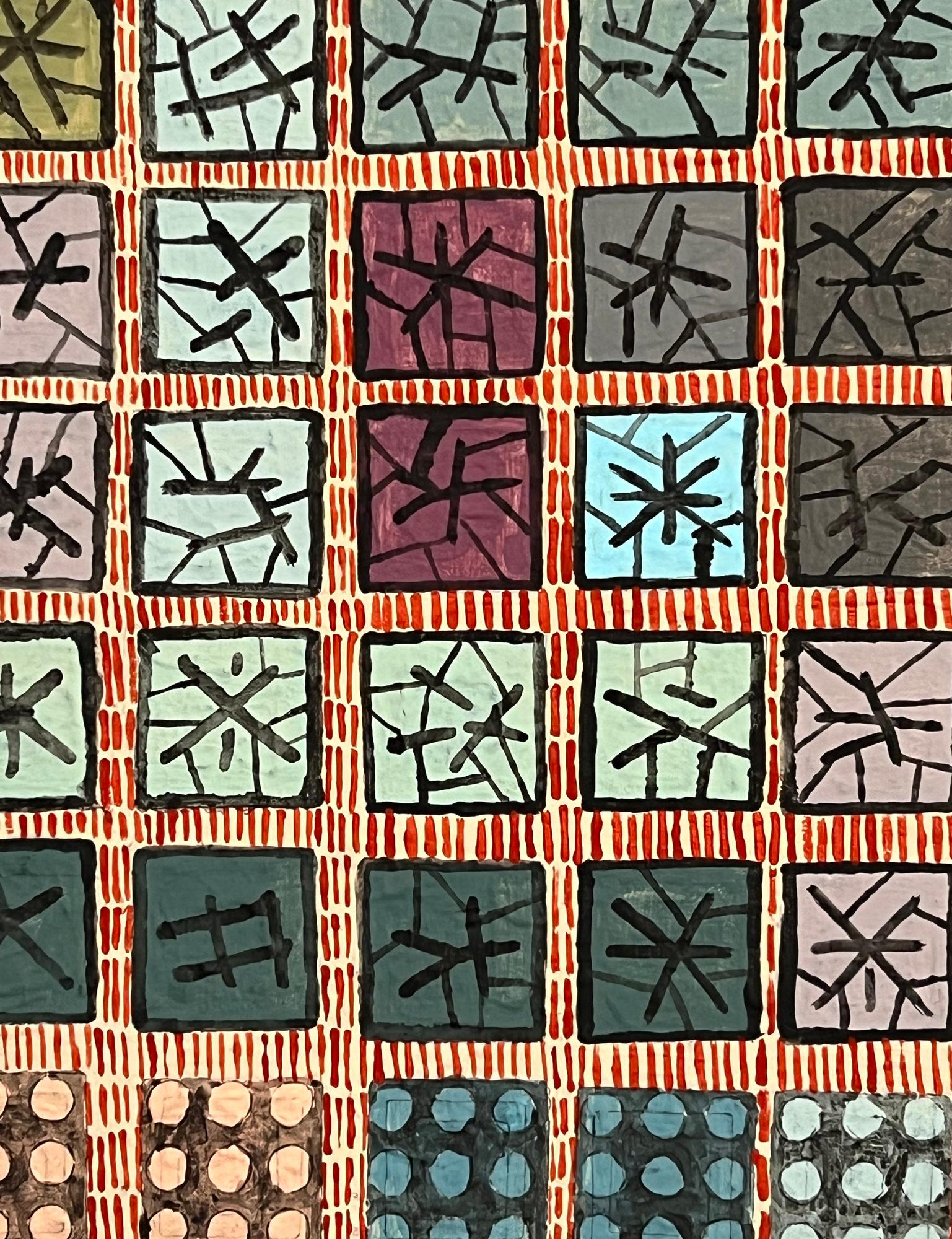 <p>Commentaires de l'artiste<br>L'artiste Terri Bell présente une grille abstraite dans différentes couleurs et arrangements. Elle rend hommage au batik, une technique indonésienne traditionnelle de teinture de tissus recouverts de cire. Les tons