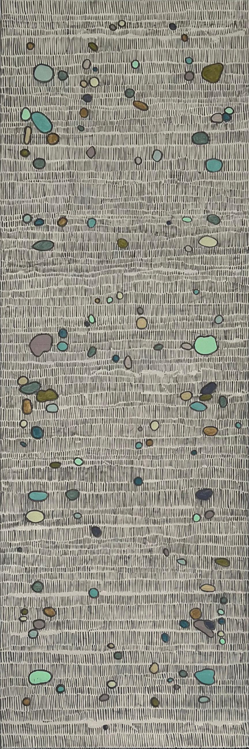 <p>Artist Comments<br>Artist Terri Bell displays a soothing abstraction of random shapes floating in a linear field. The round structures appear slightly dimensional and elevated. Terri uses an earthy color palette suggestive of small stones and