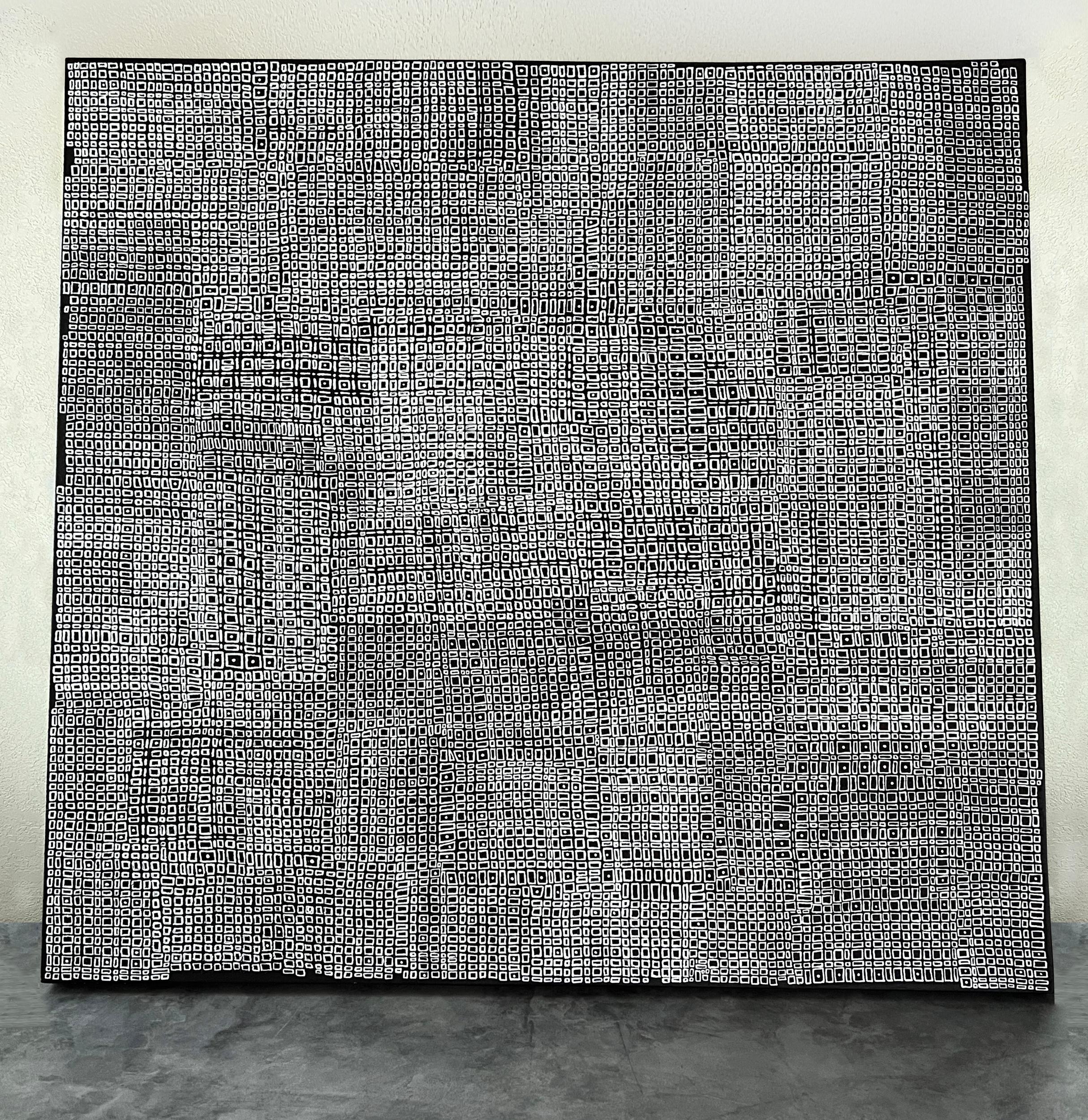 <p>Commenti dell'artista<br />Piccoli quadrati e cerchi organici formano un reticolo densamente compatto. Simili a blocchi di città, le forme variano per dimensioni e allineamento, creando un effetto visivo ipnotico. La combinazione monocromatica di