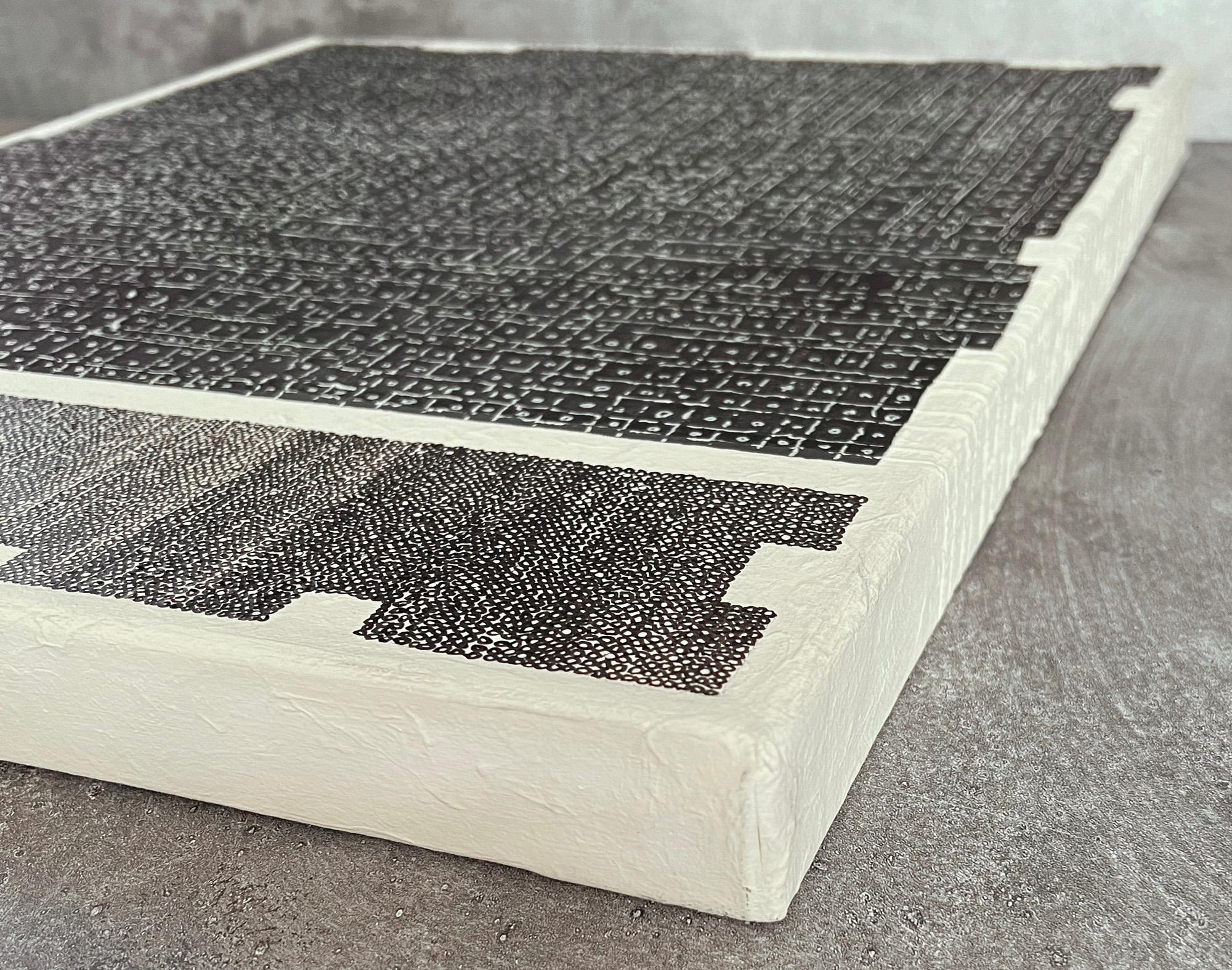 <p>Artist Comments<br />An abstract minimalist composition is divided into two distinct patterned sections. Detailed lines and irregular circles define the upper area, while small, tight circular shapes fill the lower section. The patterns convey