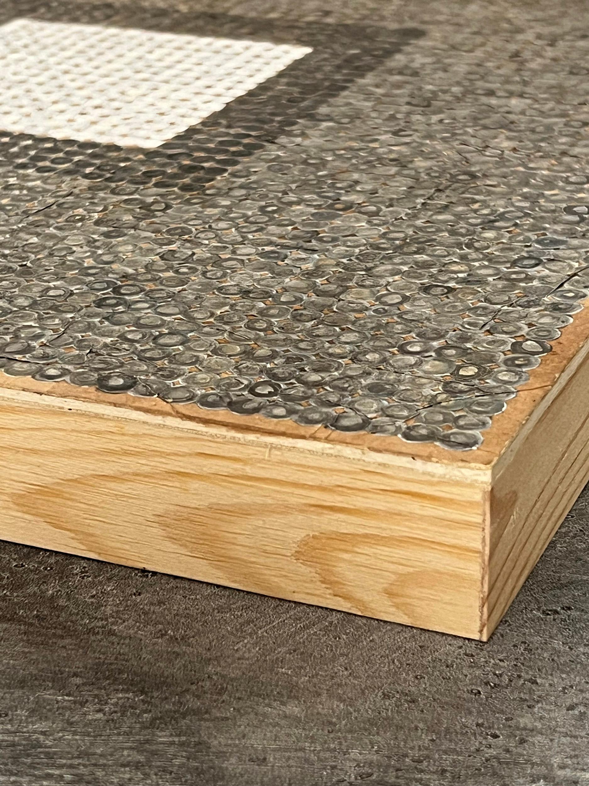 <p>Artist Comments<br>Gray and white organic shapes form a field of three purification elements. At the center, iridescent tones suggest salt, while surrounding grays represent smoke and ash. Painted against a natural wood ground, the composition