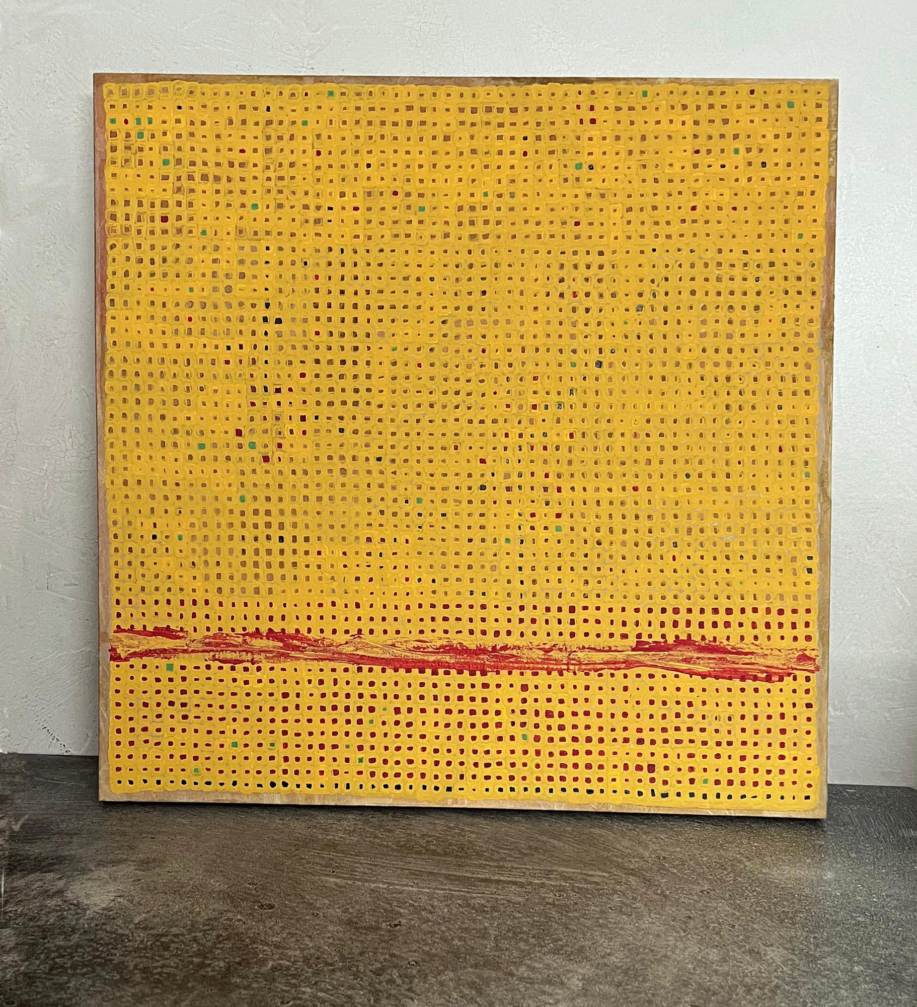 <p>Commenti dell'artista<br>Un campo di colore giallo rivela piccoli quadrati con riflessi di rosso, verde e legno naturale. La tavolozza luminosa e satura evoca i colori vivaci dell'architettura sotto il sole estivo. La composizione emana un